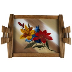 Vintage French Art Deco Style Serving Tray with Flowers, Oak and Glass