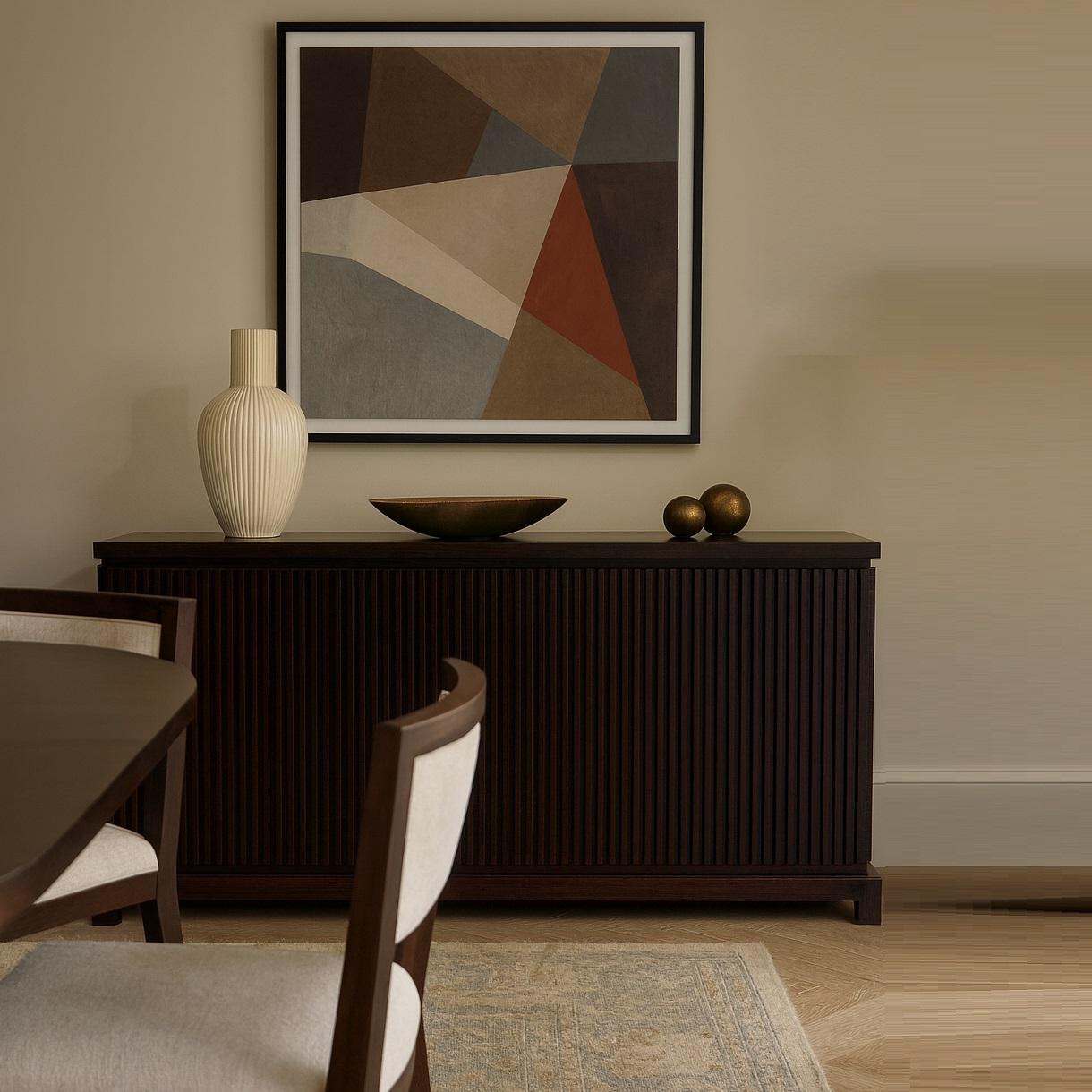Contemporary French Art-Deco Style Sideboard With Wood Slatted Doors In RAL 7033 Cement Grey For Sale