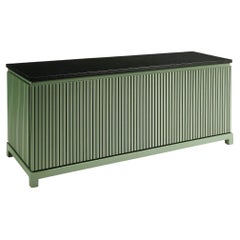 French Art-Deco Style Sideboard With Wood Slatted Doors In RAL 7033 Cement Grey