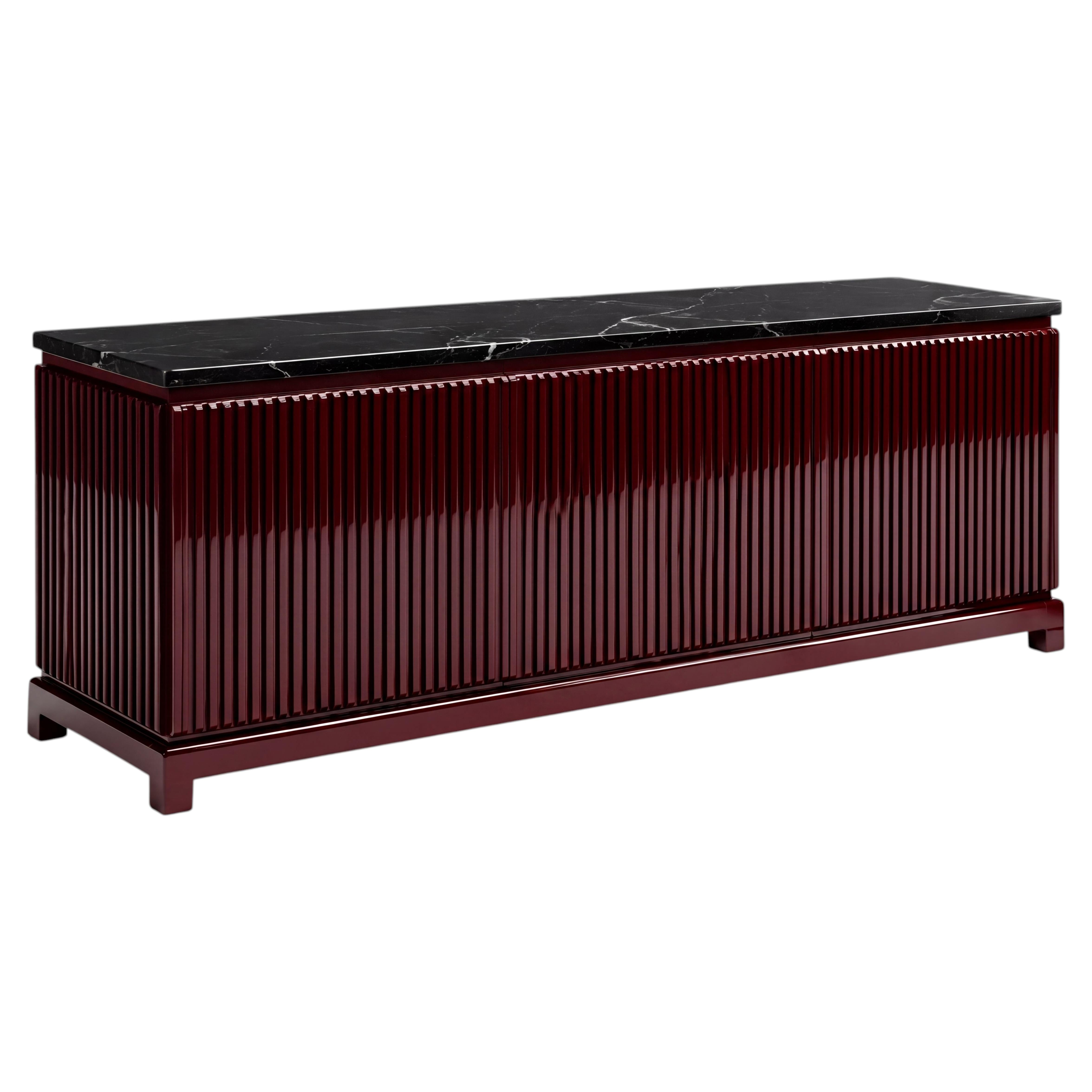 Compact Three-Door Sideboard in High Gloss Bordeaux with Black Marble Top For Sale