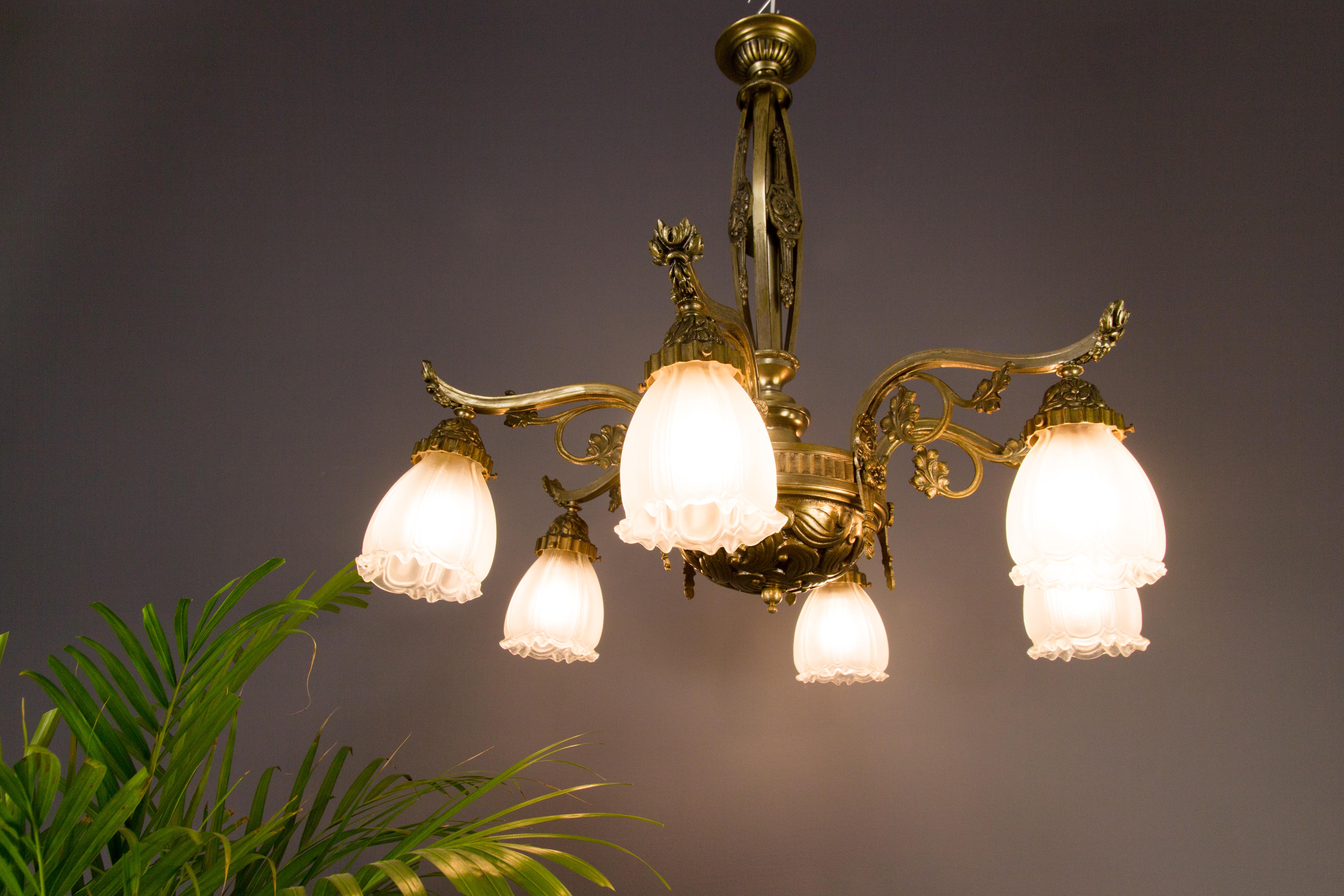 French Art Deco Style Six-Light Bronze and Frosted Glass Chandelier, 1930s 6