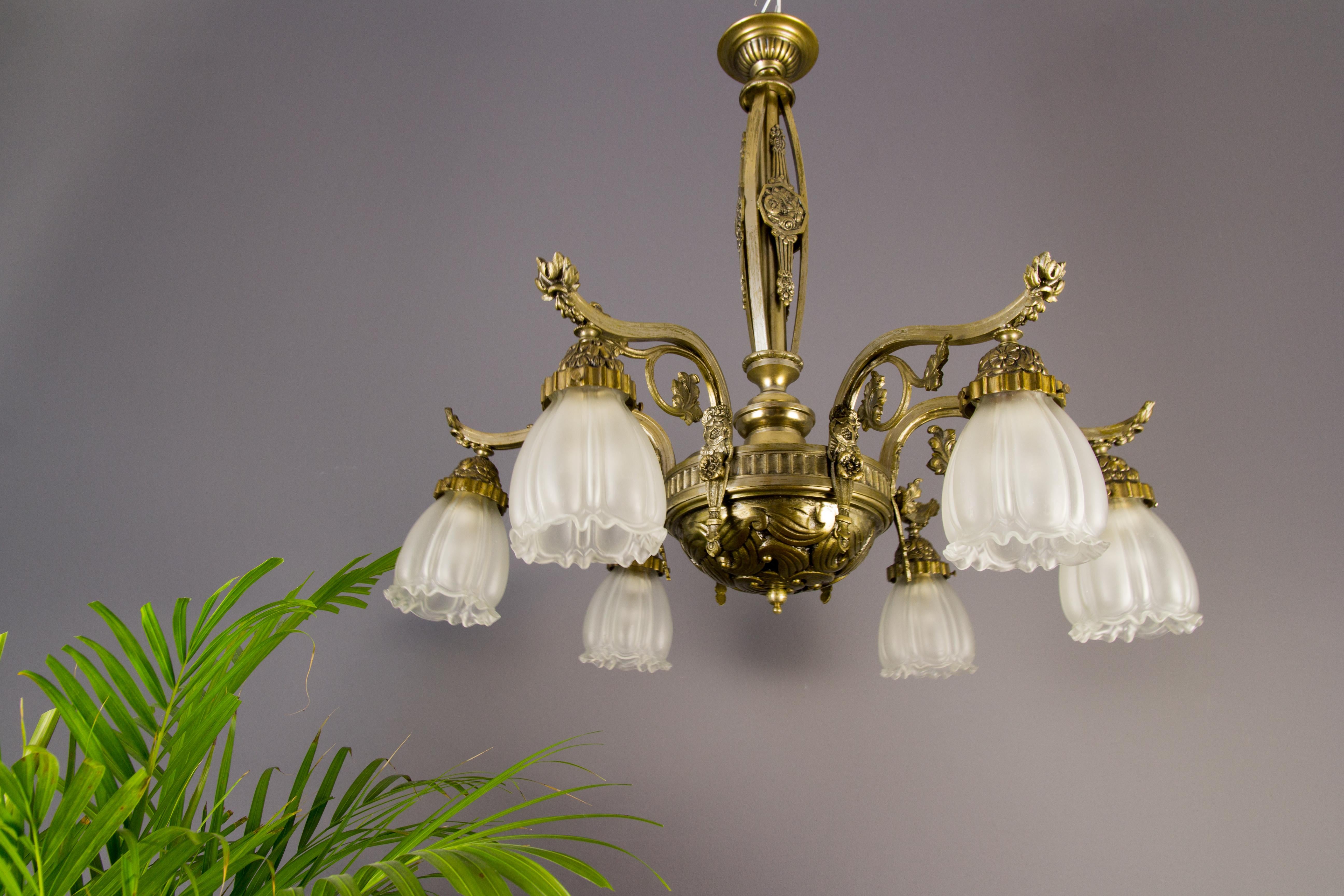 French Art Deco Style Six-Light Bronze and Frosted Glass Chandelier, 1930s 7