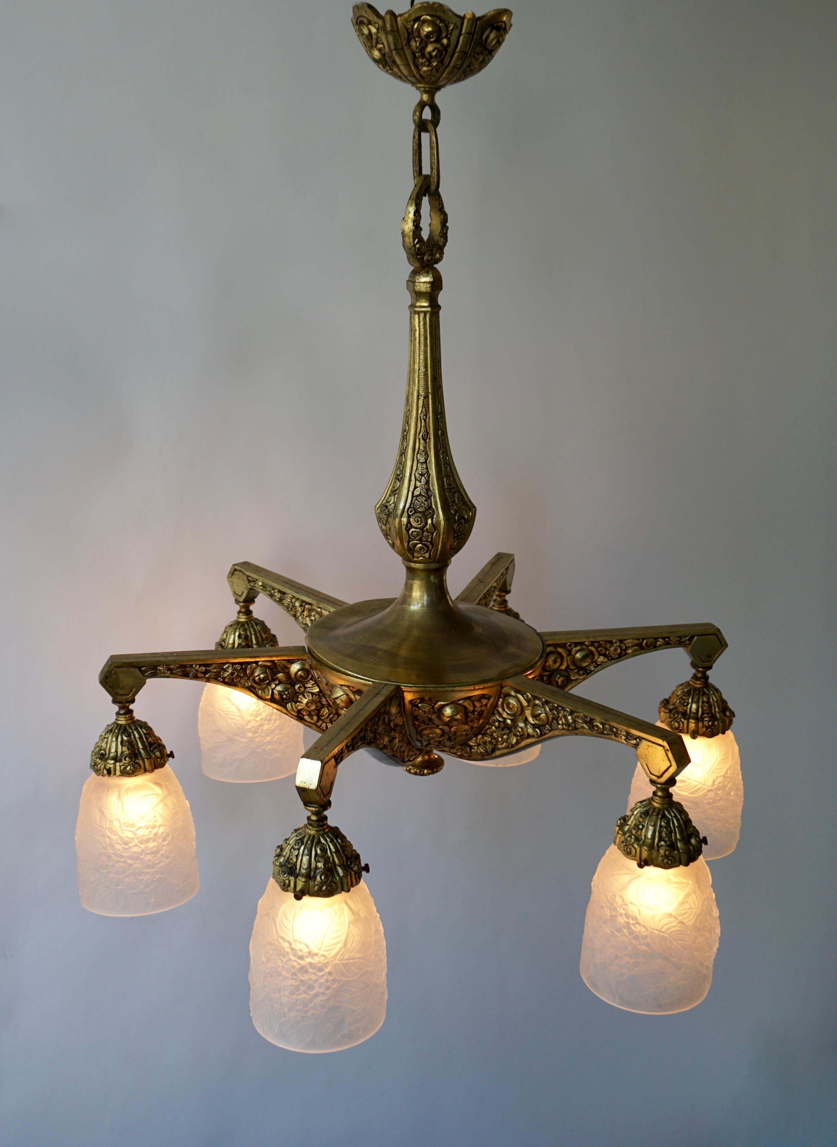 French Art Deco Style Six-Light Bronze Chandelier For Sale 5