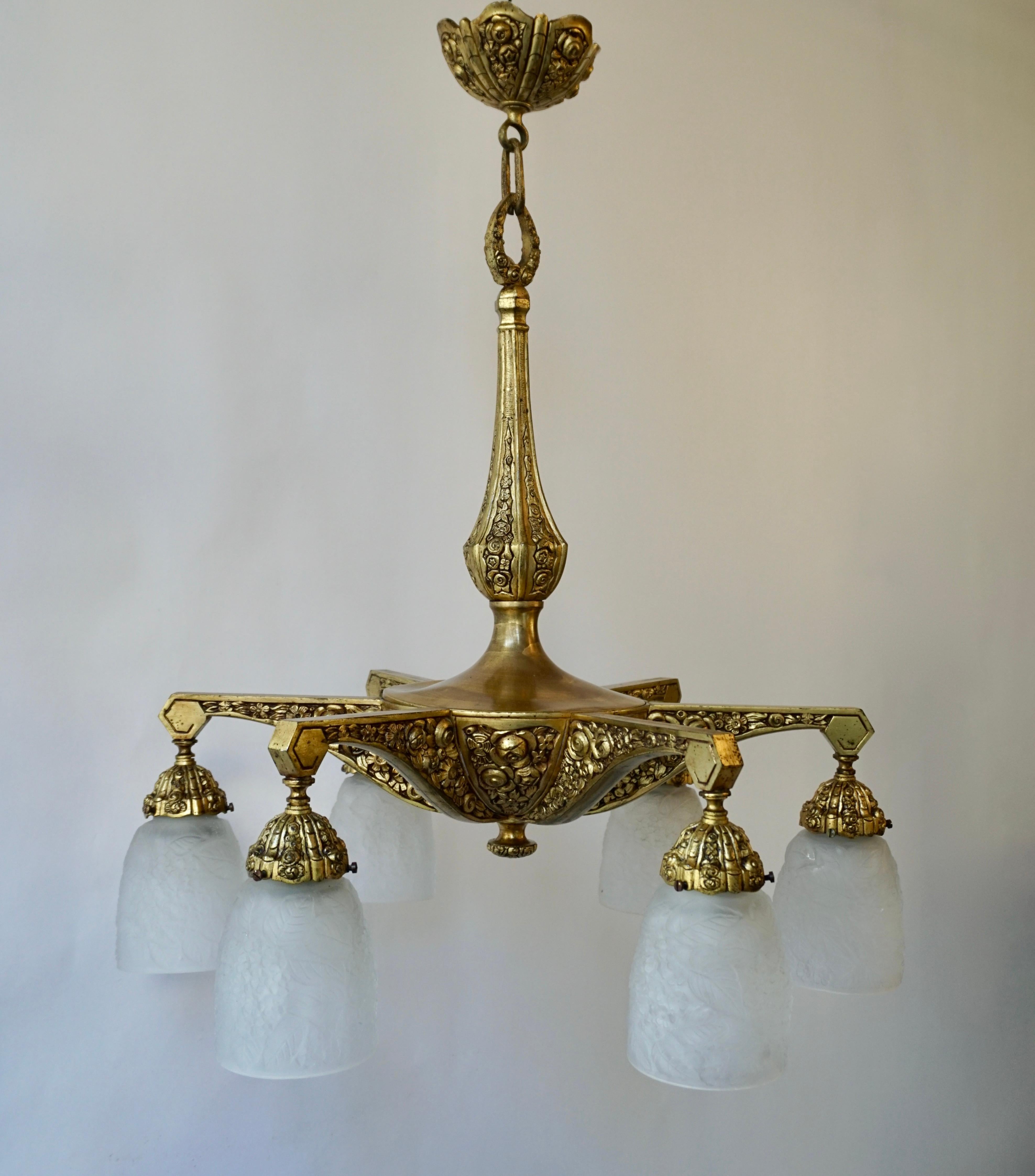 French Art Deco Style Six-Light Bronze Chandelier For Sale 6