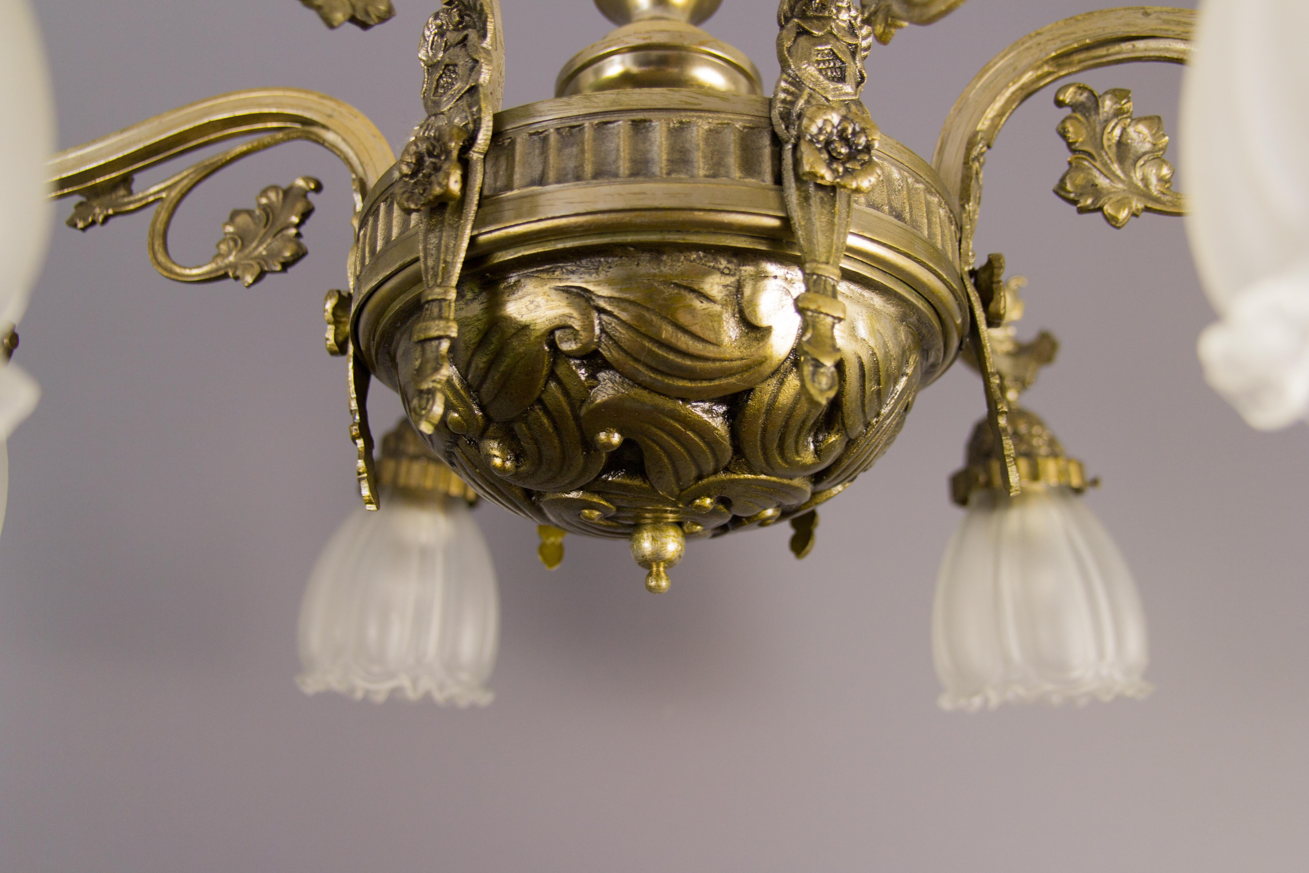 French Art Deco Style Six-Light Bronze and Frosted Glass Chandelier, 1930s 9