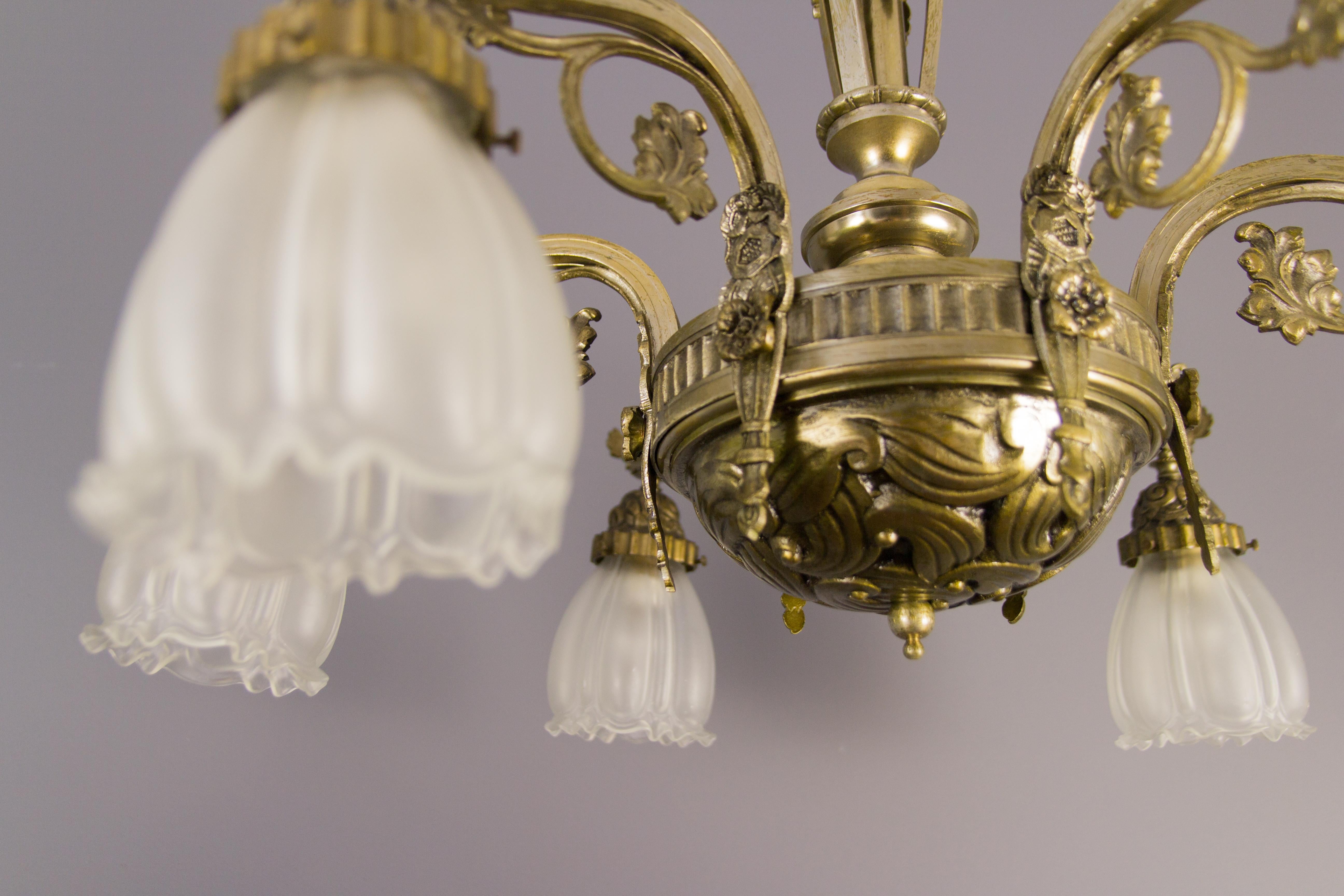 French Art Deco Style Six-Light Bronze and Frosted Glass Chandelier, 1930s 10