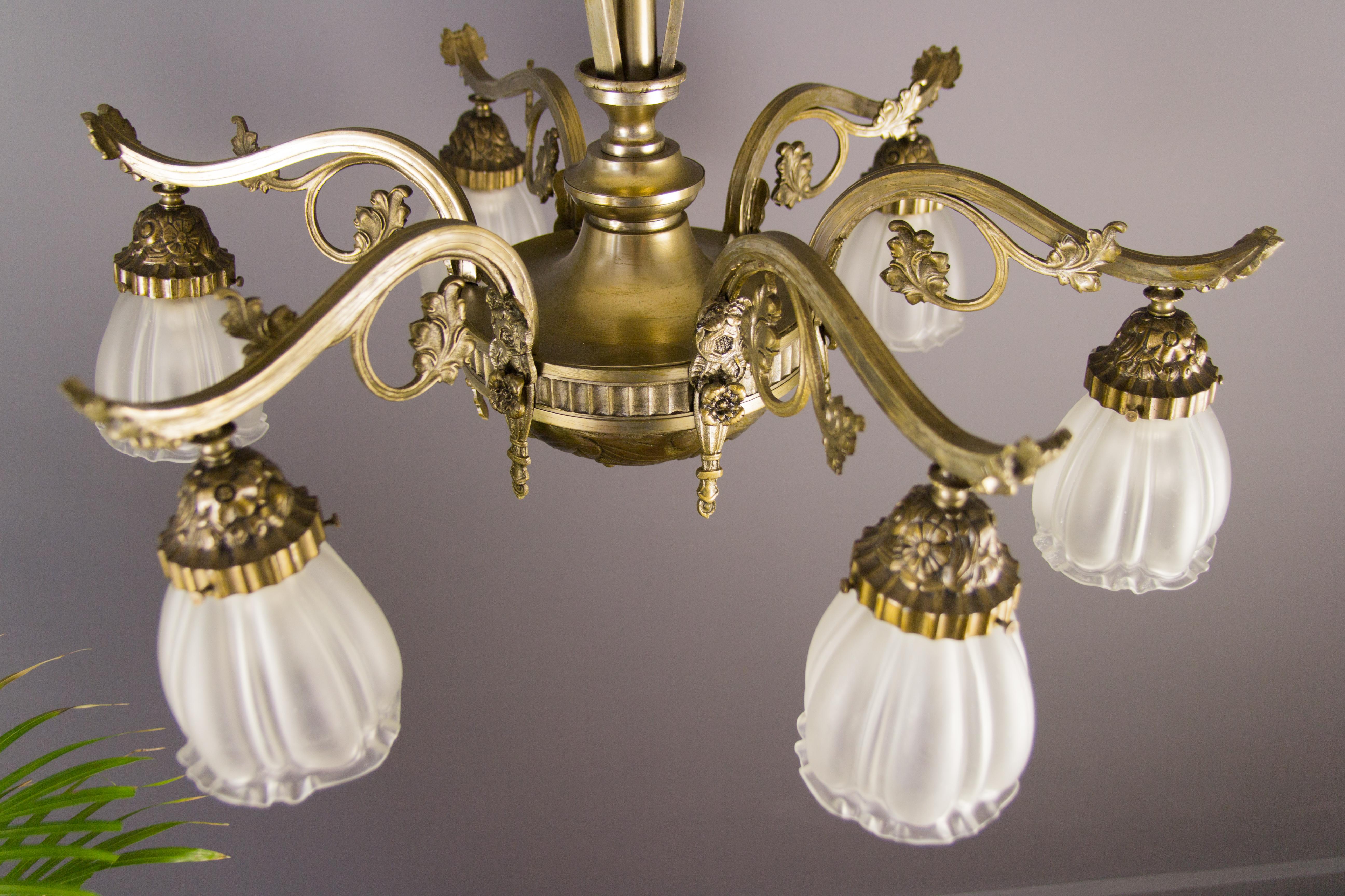 French Art Deco Style Six-Light Bronze and Frosted Glass Chandelier, 1930s 12