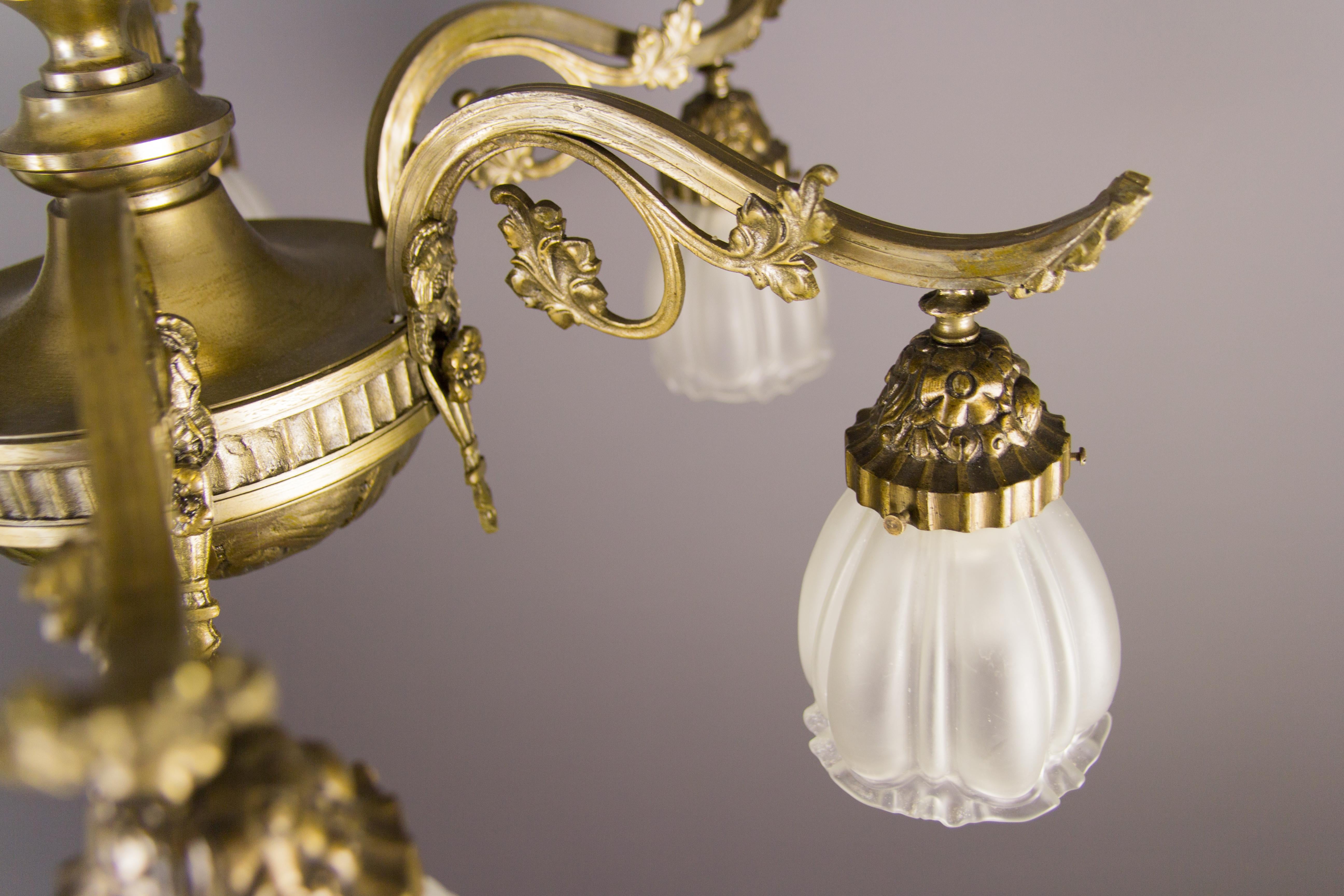 French Art Deco Style Six-Light Bronze and Frosted Glass Chandelier, 1930s 13
