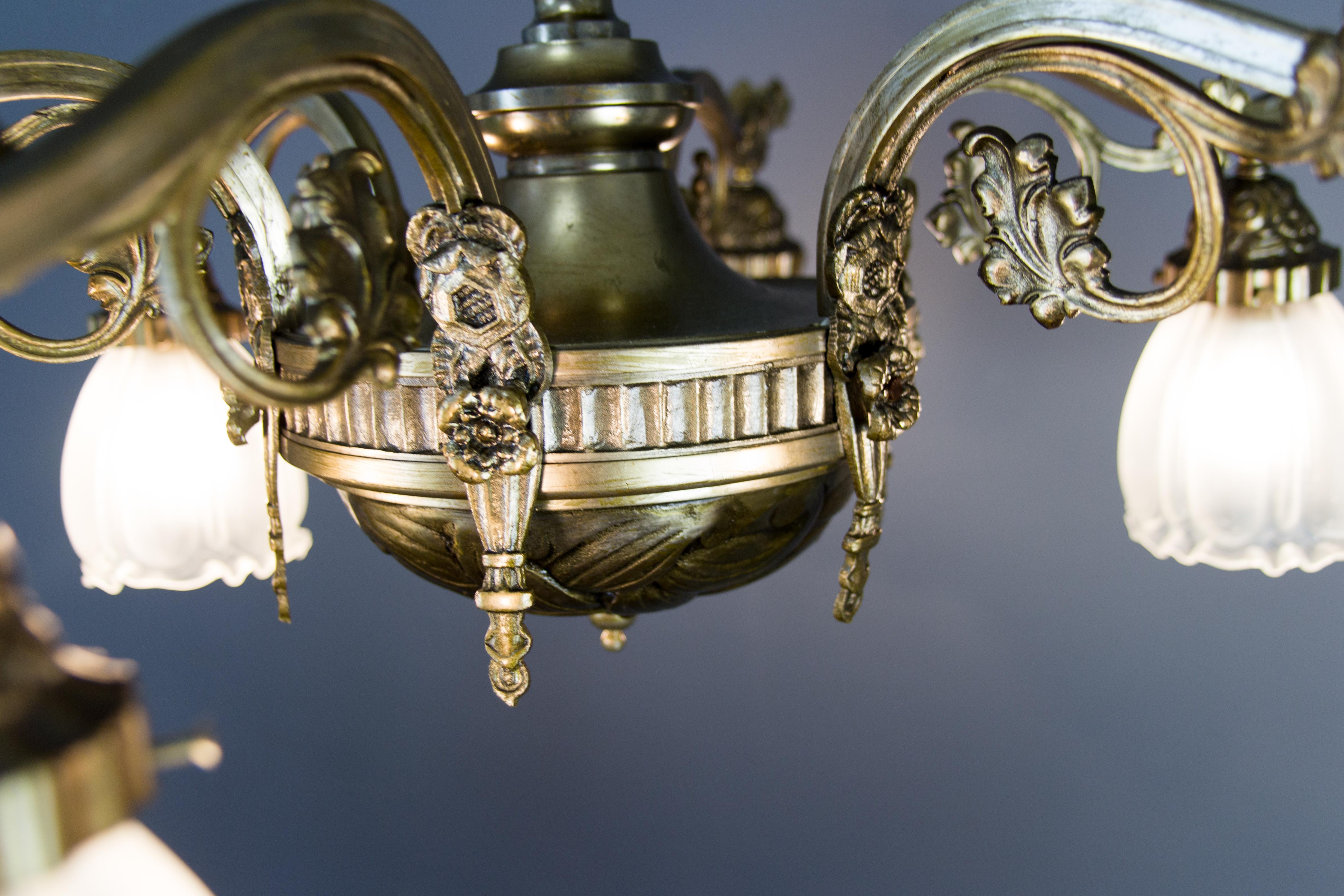 French Art Deco Style Six-Light Bronze and Frosted Glass Chandelier, 1930s 14