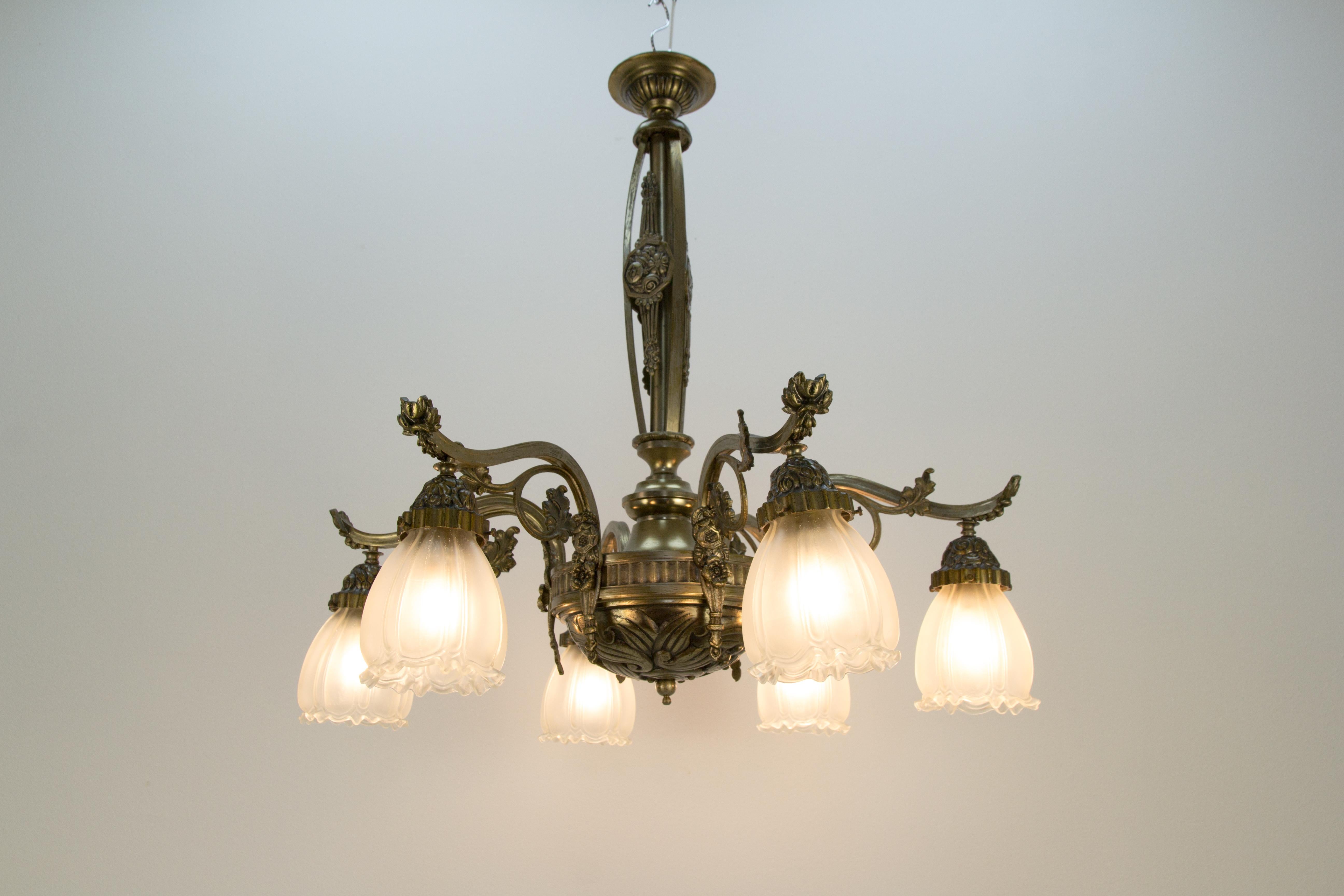 French Art Deco Style Six-Light Bronze and Frosted Glass Chandelier, 1930s 16