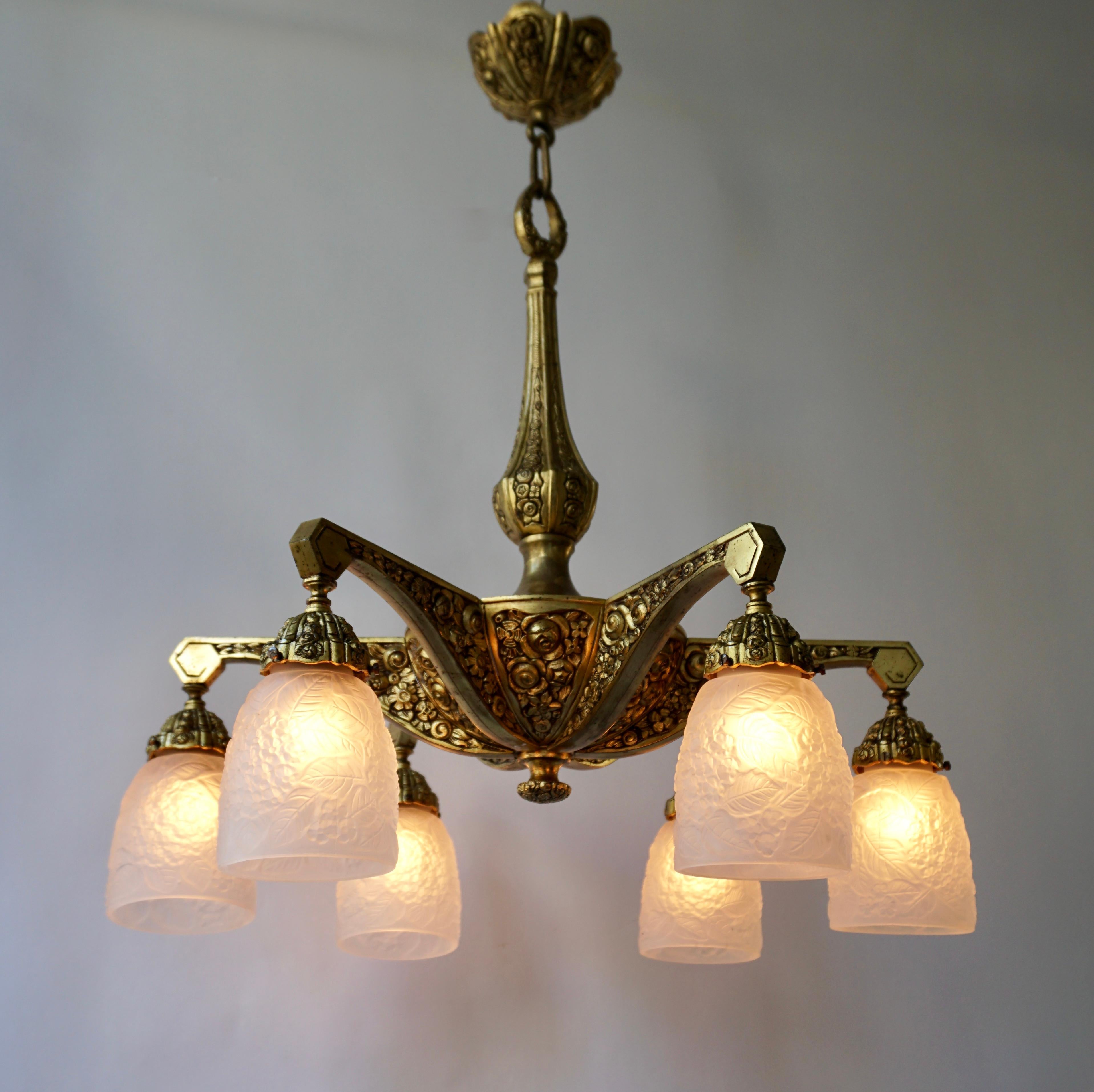 Frosted French Art Deco Style Six-Light Bronze Chandelier For Sale