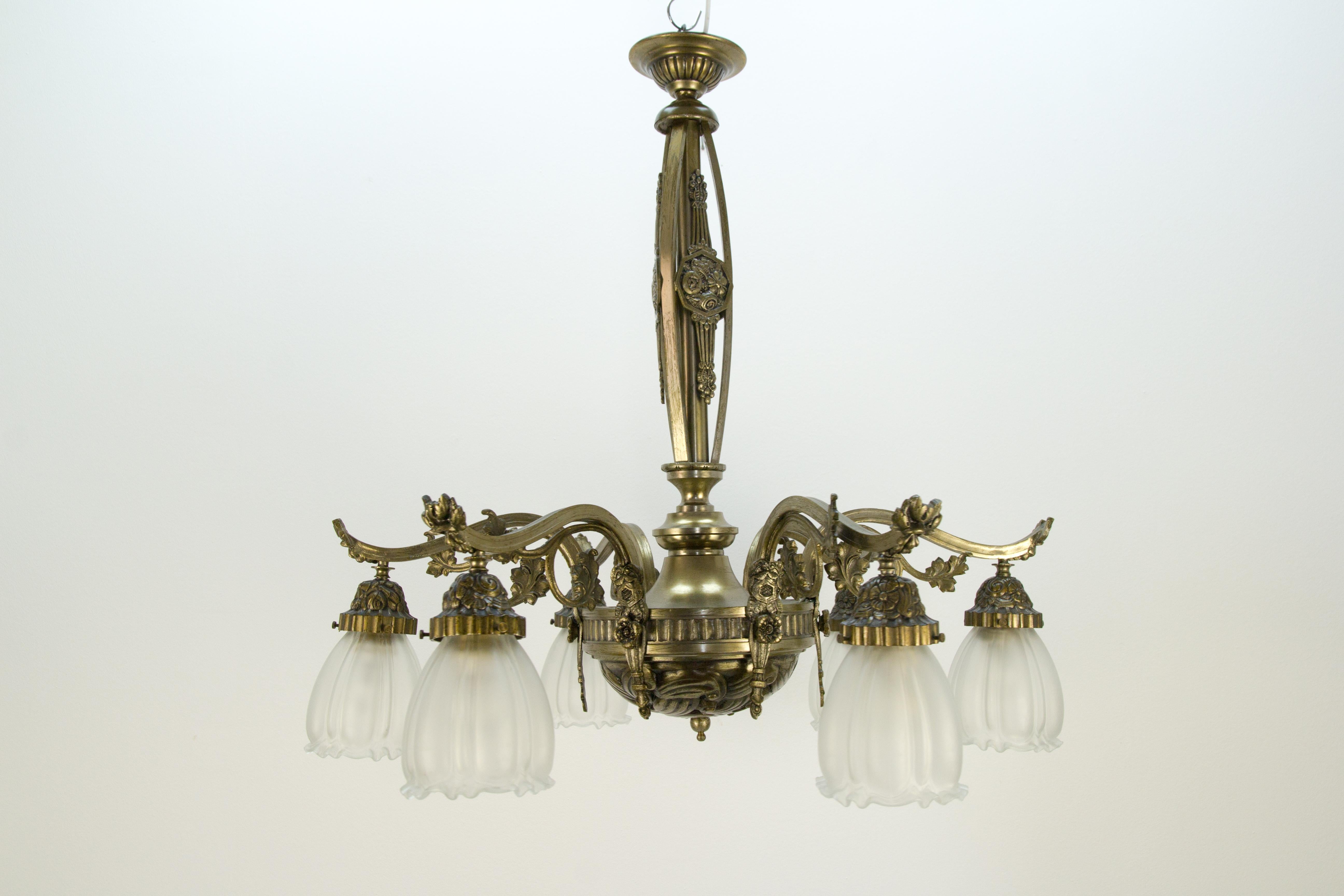 French Art Deco Style Six-Light Bronze and Frosted Glass Chandelier, 1930s 1
