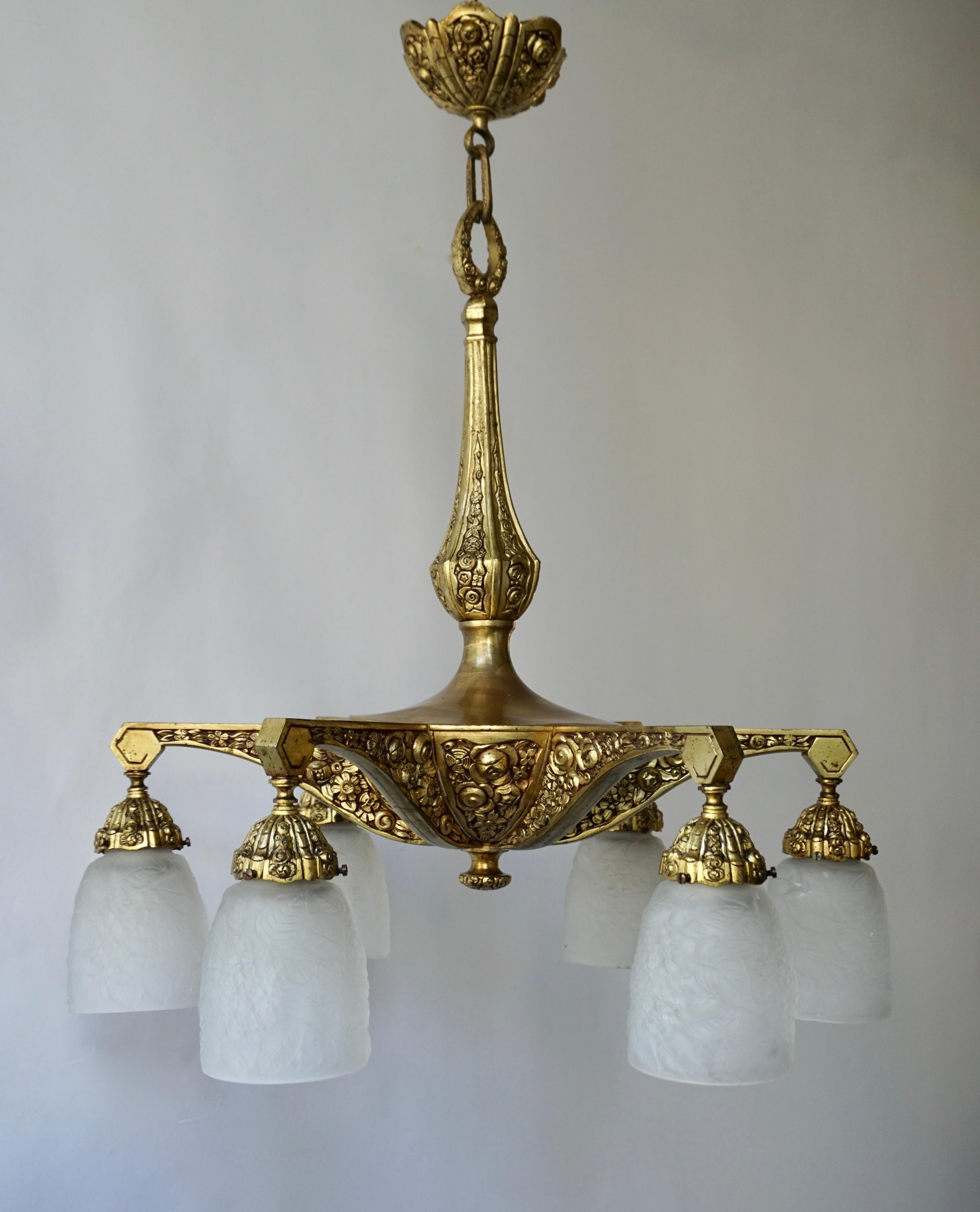 20th Century French Art Deco Style Six-Light Bronze Chandelier For Sale