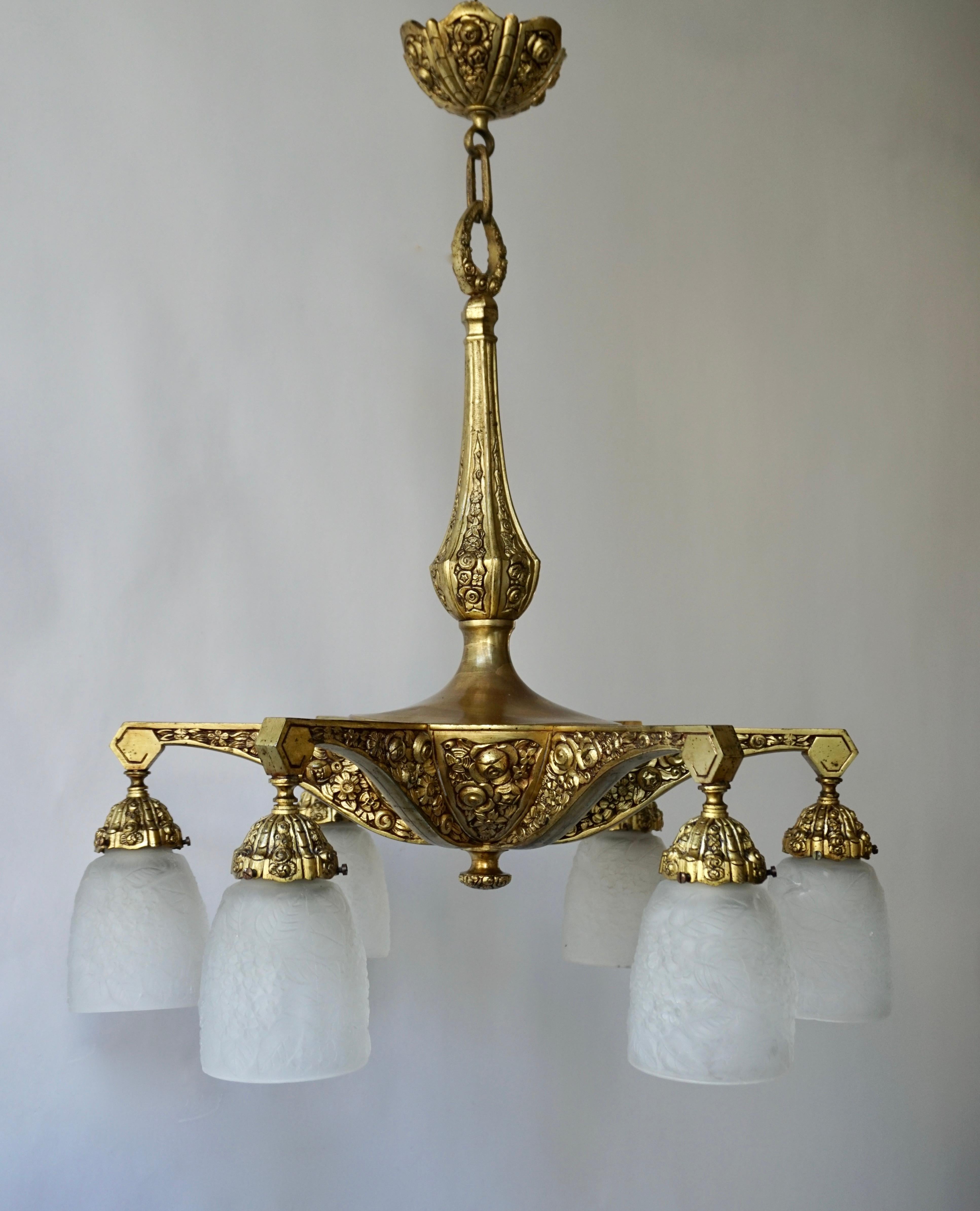Satinato Lampadario a sei luci in bronzo in stile Art Deco francese in vendita