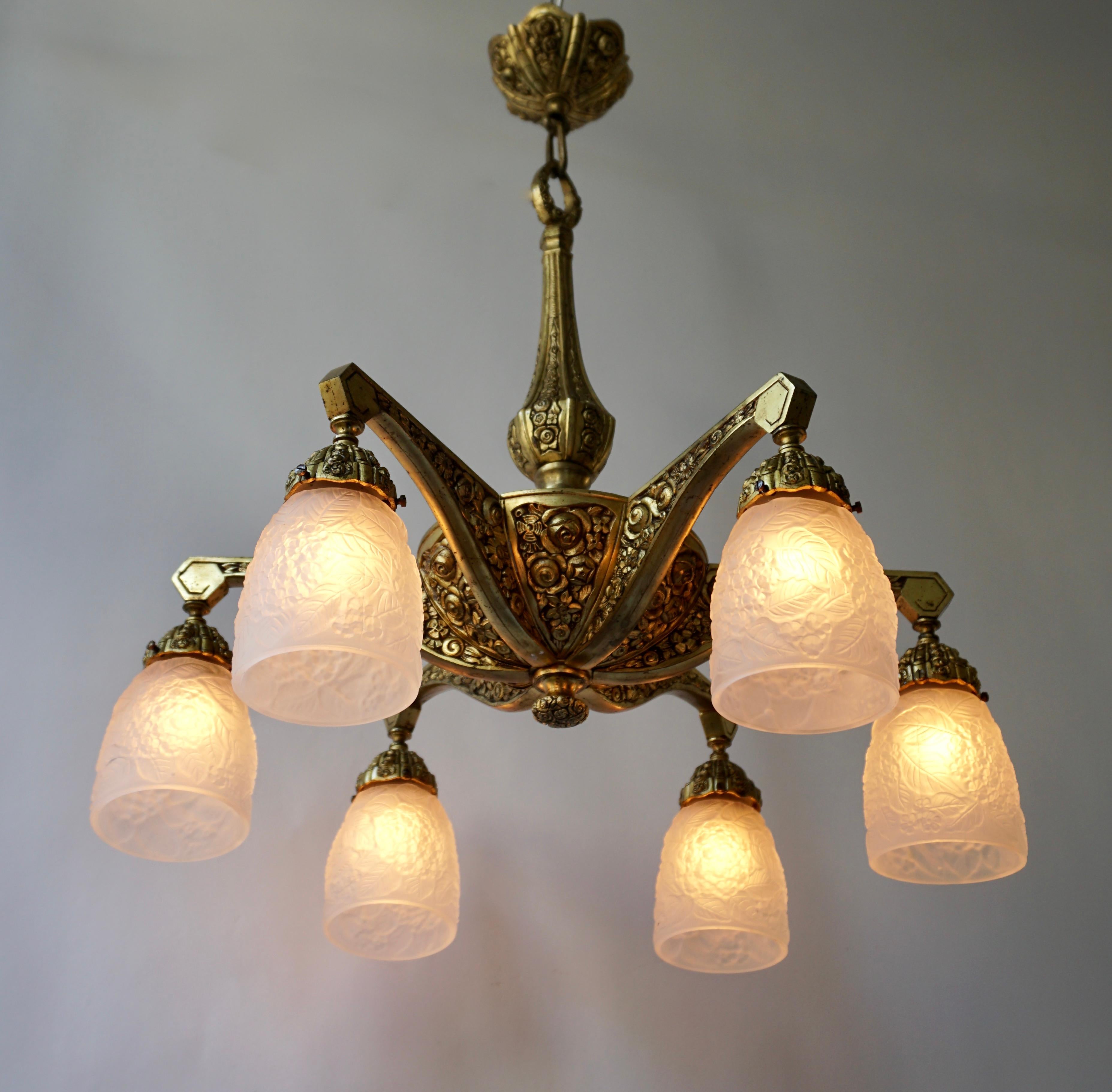 French Art Deco Style Six-Light Bronze Chandelier For Sale 1