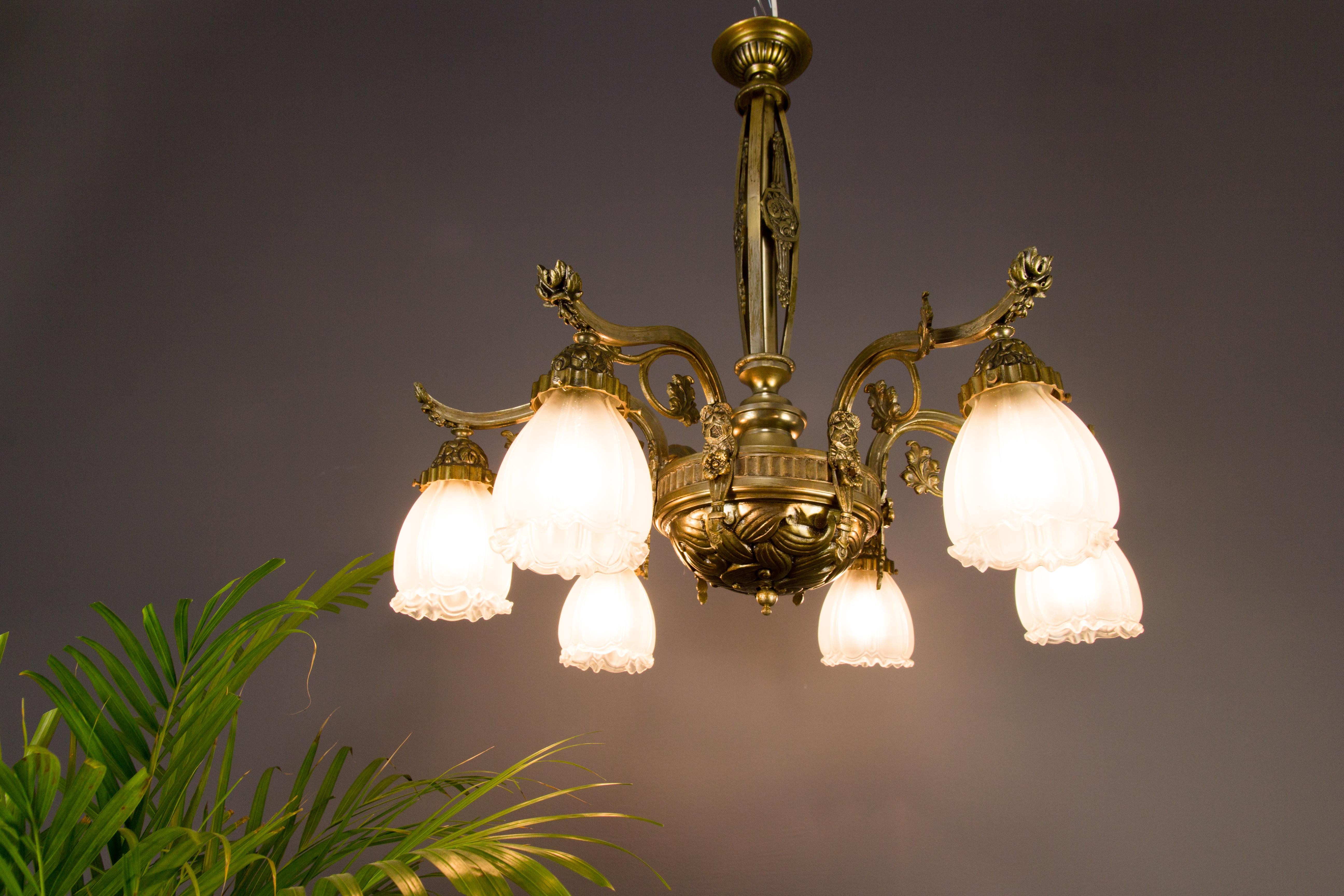French Art Deco Style Six-Light Bronze and Frosted Glass Chandelier, 1930s 5