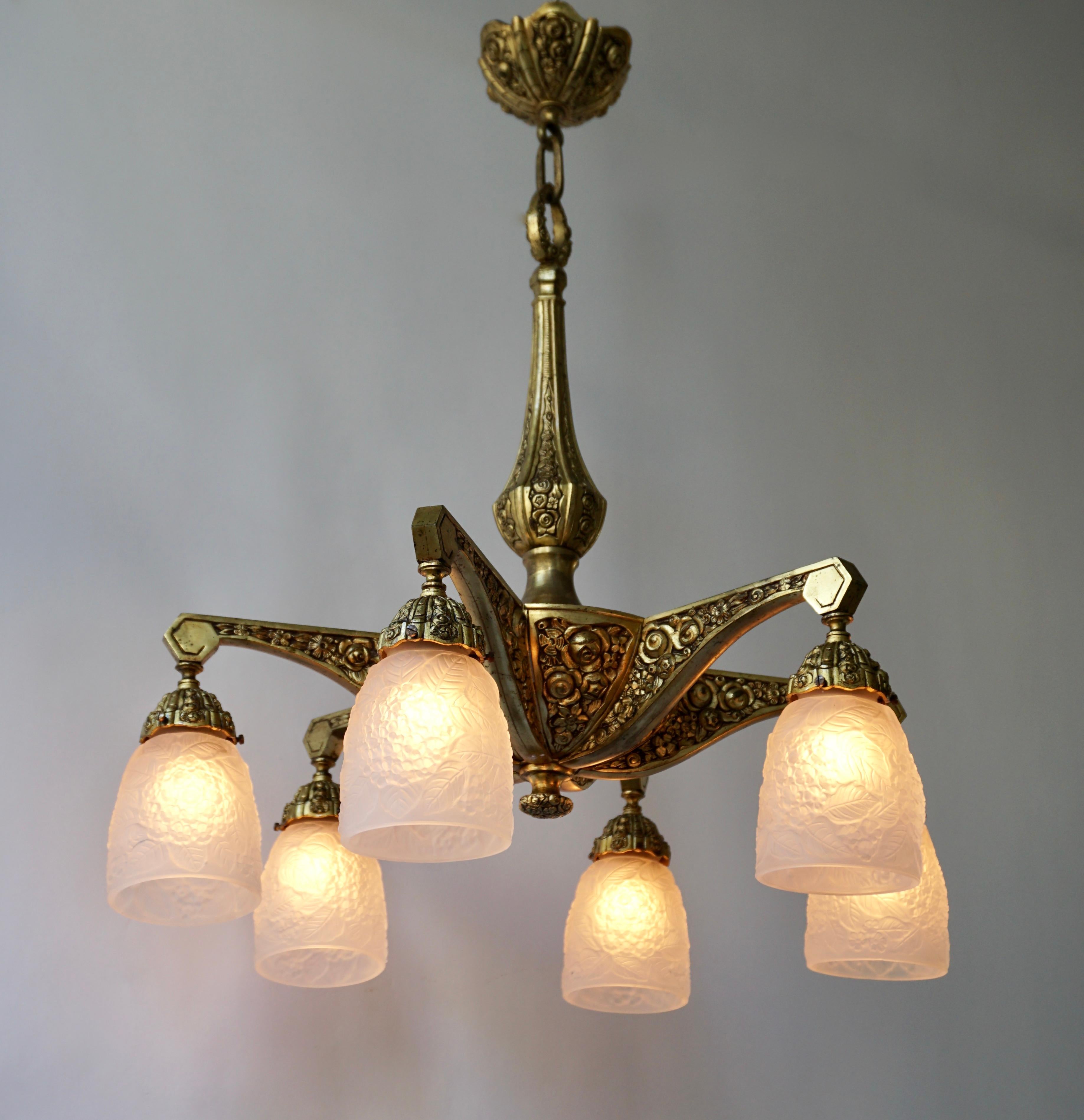 French Art Deco Style Six-Light Bronze Chandelier For Sale 3