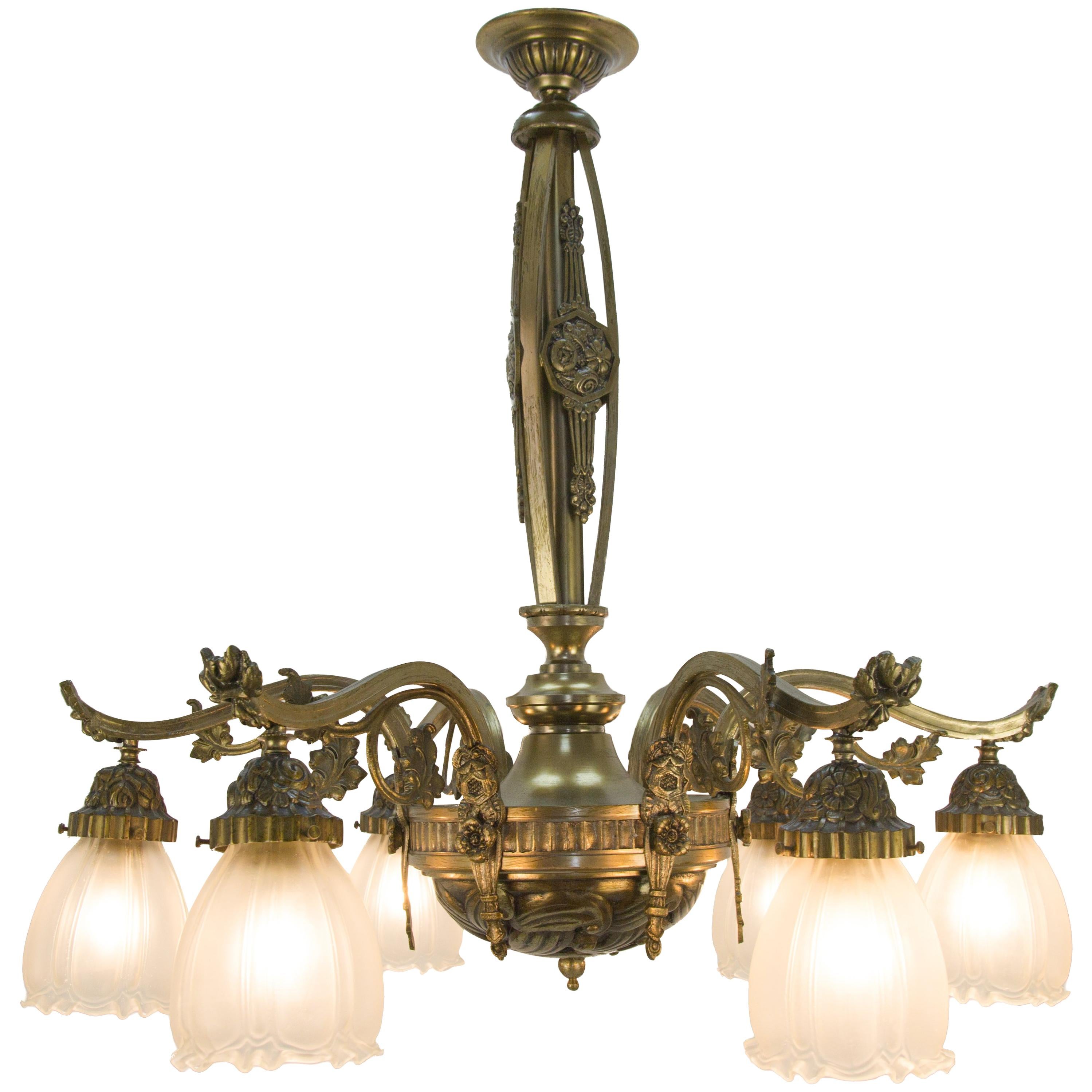 French Art Deco Style Six-Light Bronze and Frosted Glass Chandelier, 1930s
