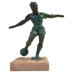 French Art Deco Style Soccer or Football Player in Bronzed Metal & Marble