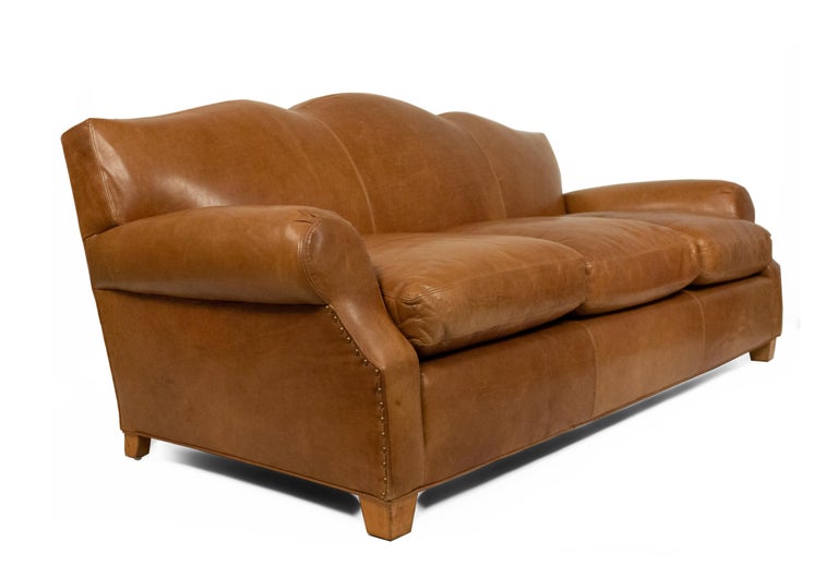 French Art Deco Style Tan Leather, Ethan Allen Camelback Leather Sofa