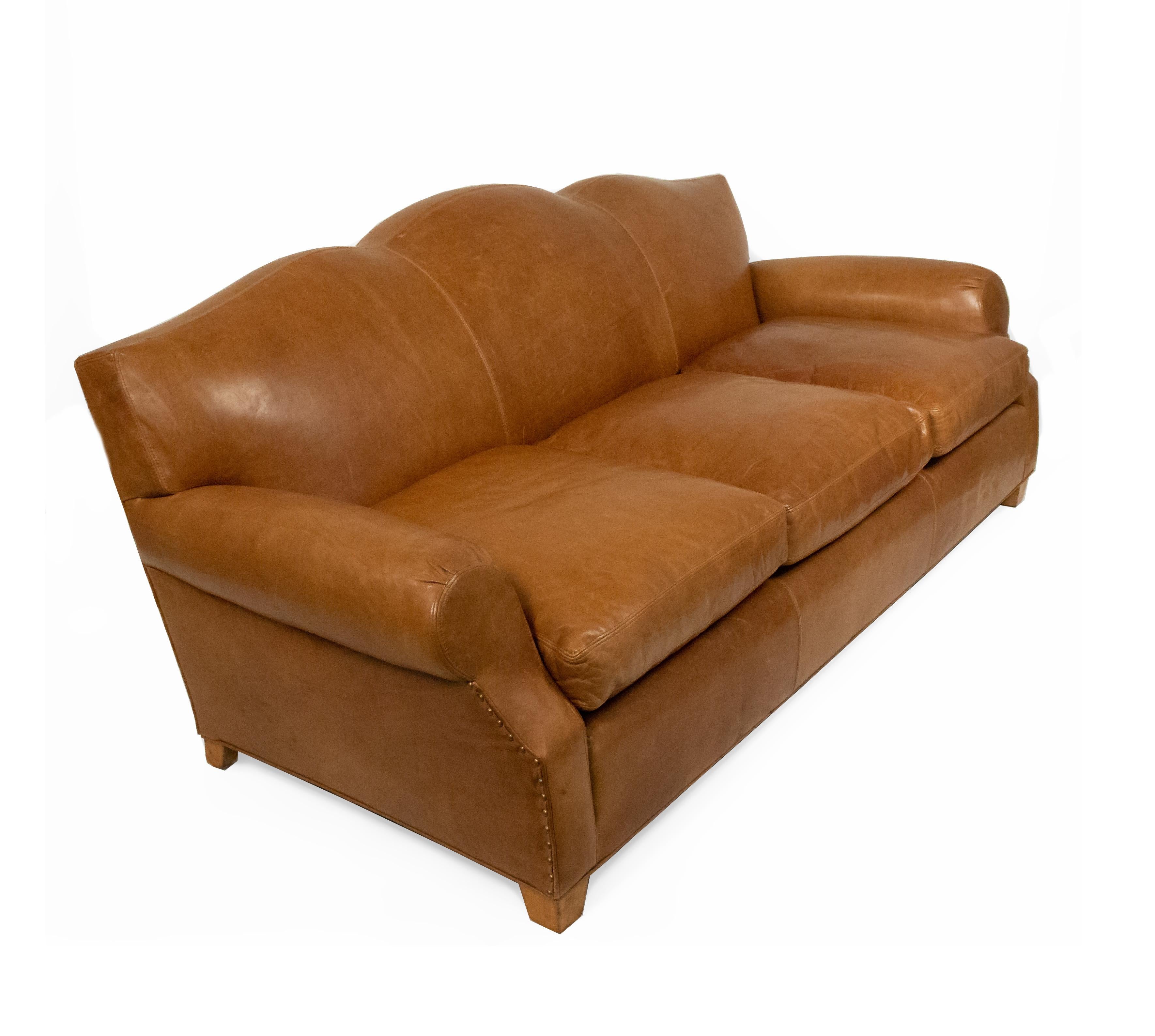French Art Deco Style Tan Leather Camelback Sofa In Good Condition In New York, NY