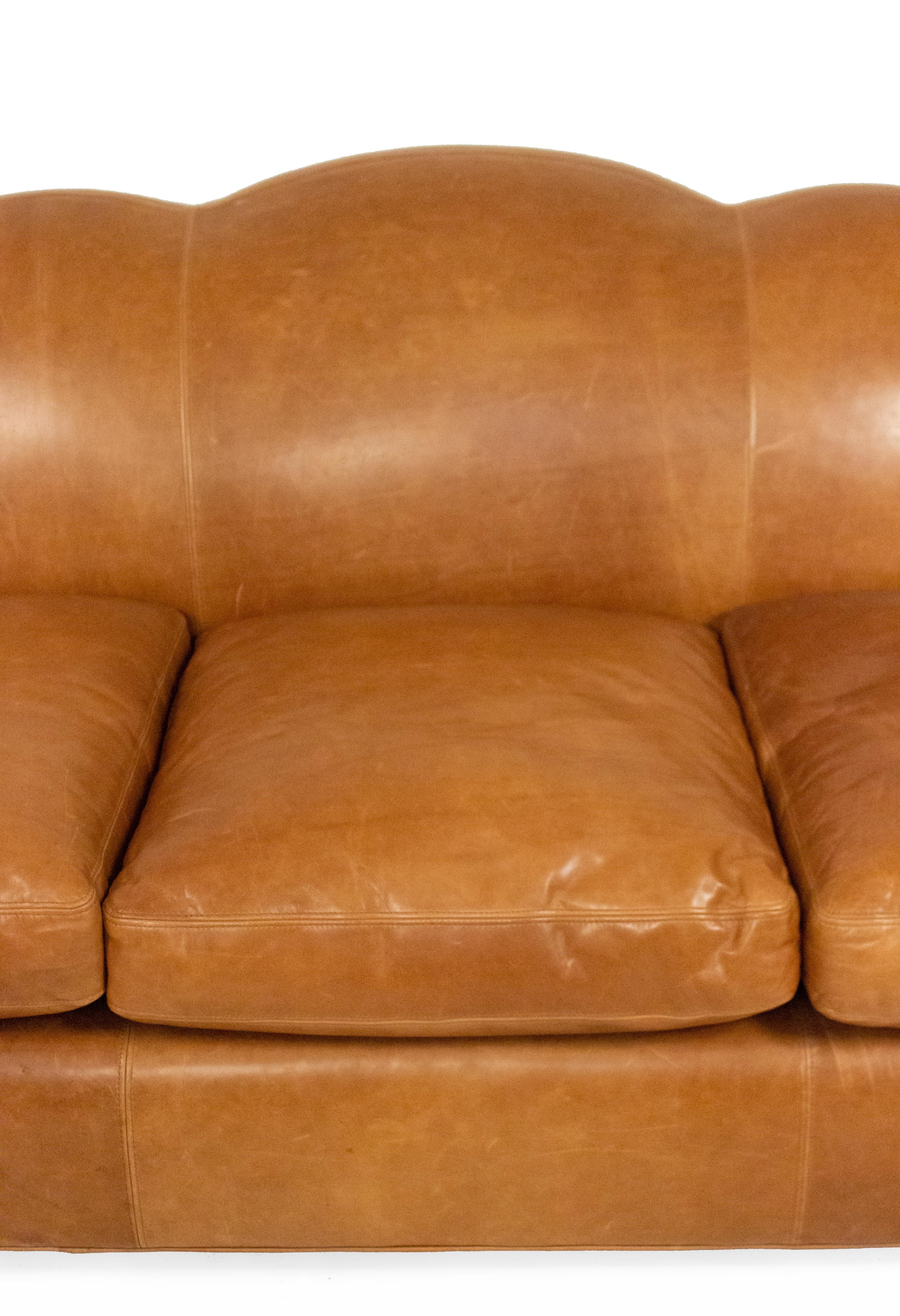 French Art Deco Style Tan Leather Camelback Sofa 1
