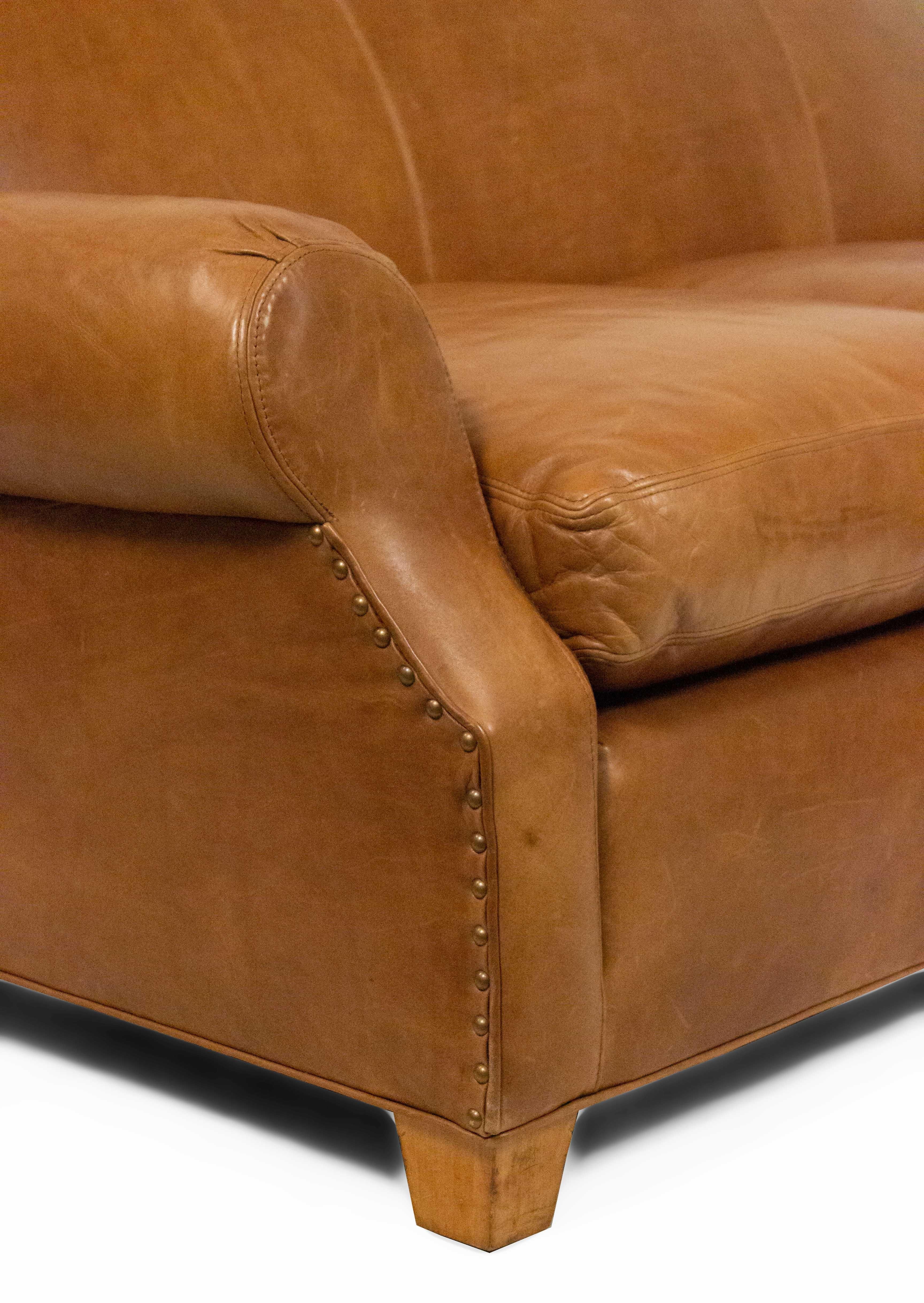 French Art Deco Style Tan Leather Camelback Sofa 2
