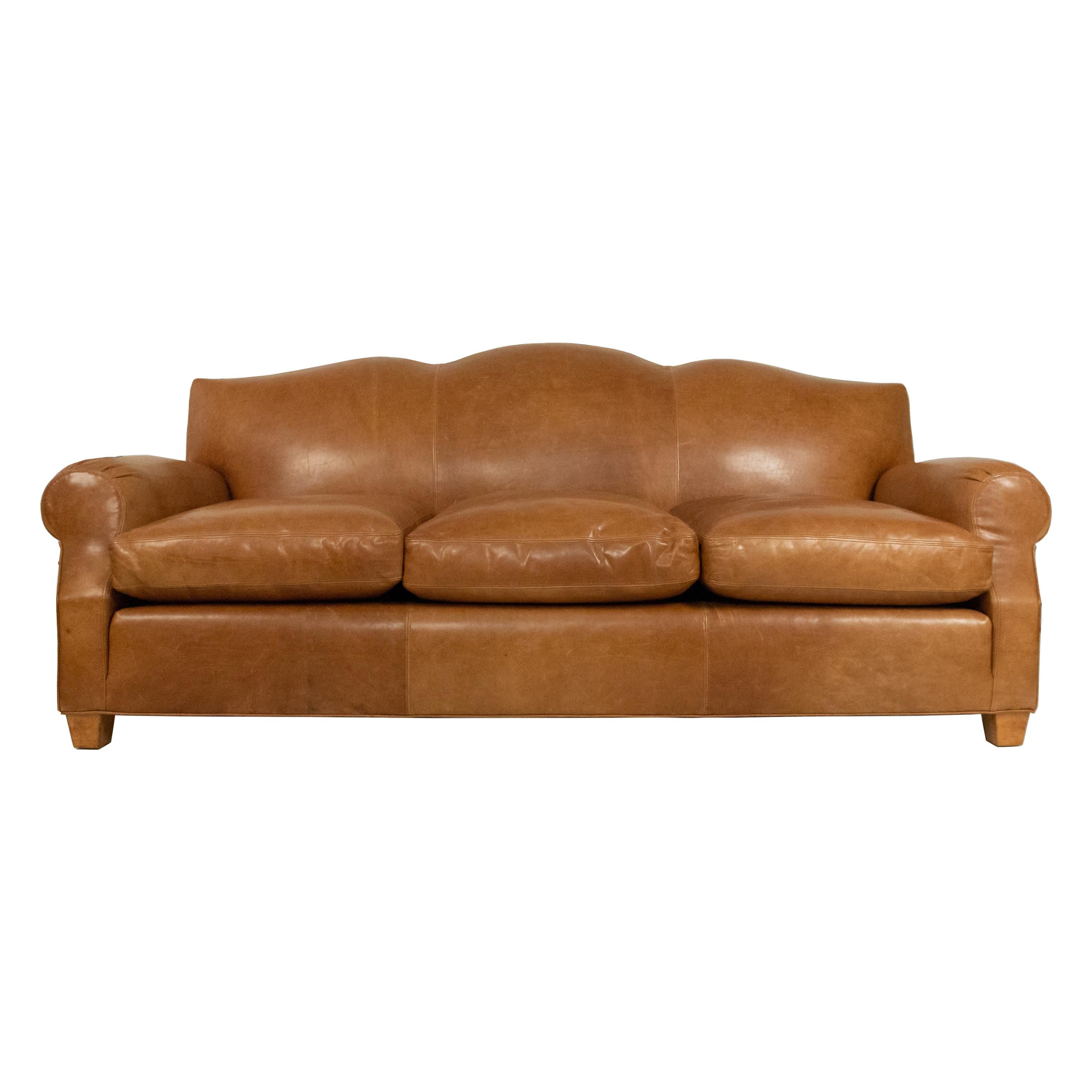 French Art Deco Style Tan Leather Camelback Sofa