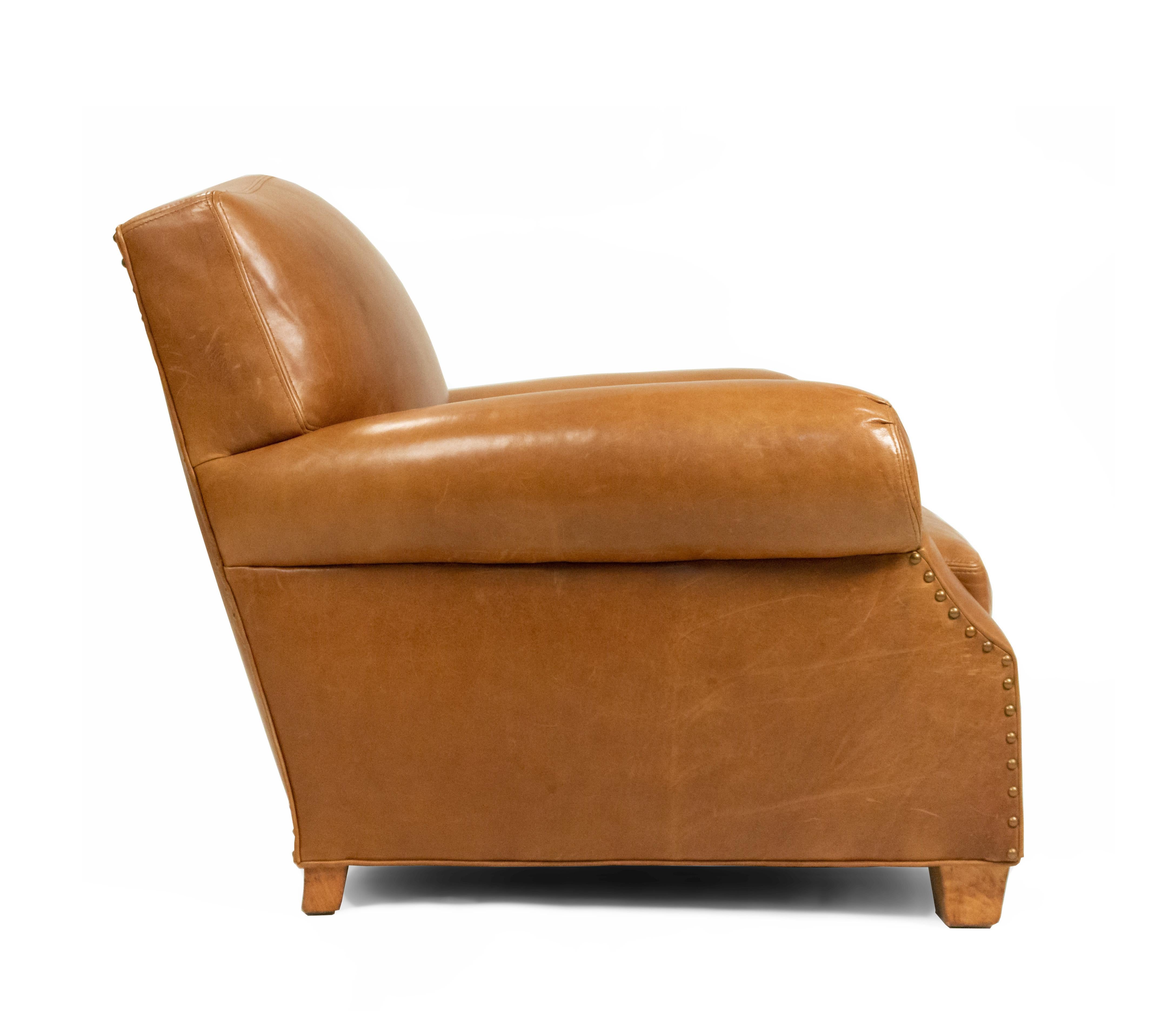 French Art Deco Style Tan Leather Club Chairs In Good Condition In New York, NY