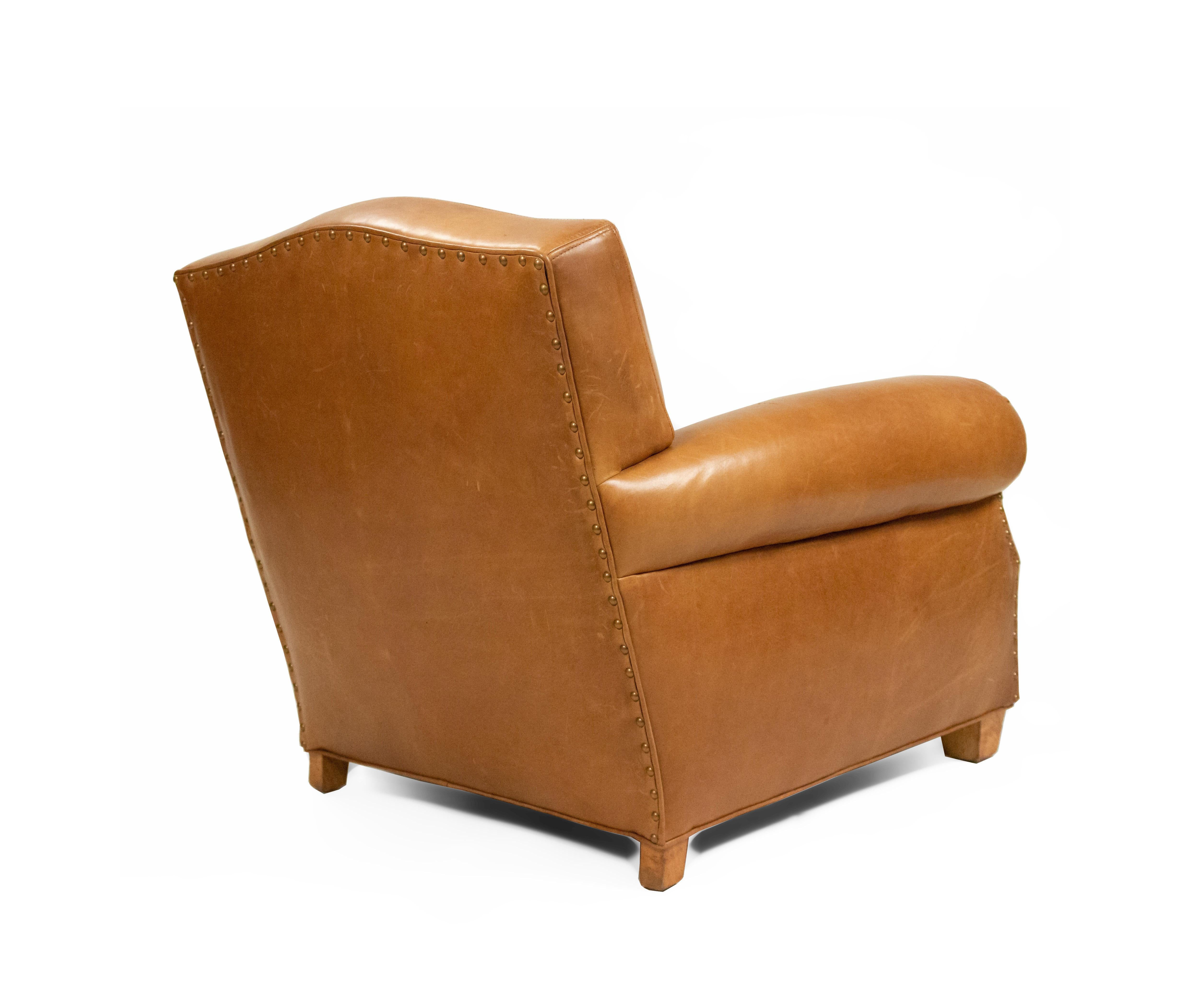 20th Century French Art Deco Style Tan Leather Club Chairs
