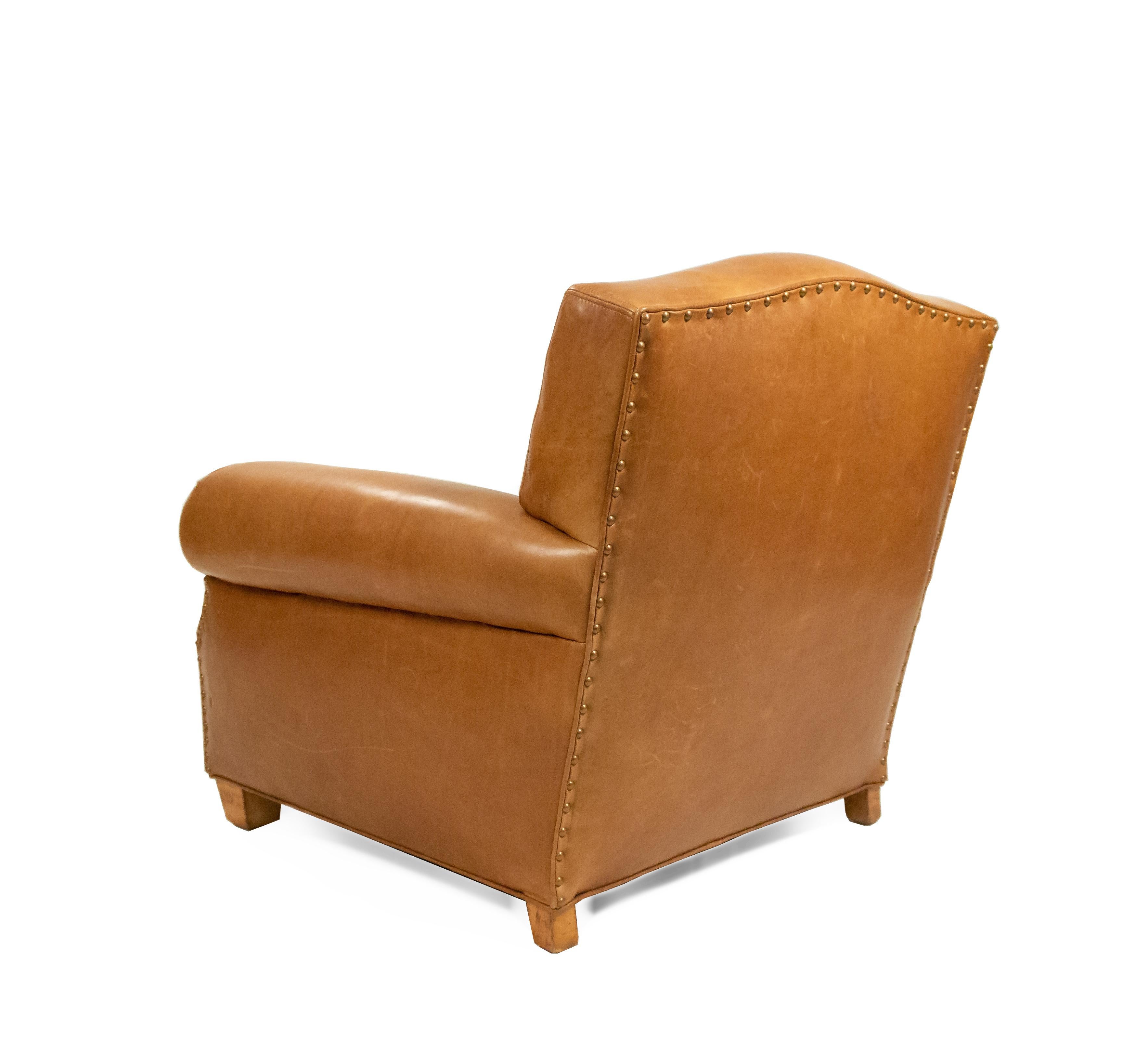 French Art Deco Style Tan Leather Club Chairs 2