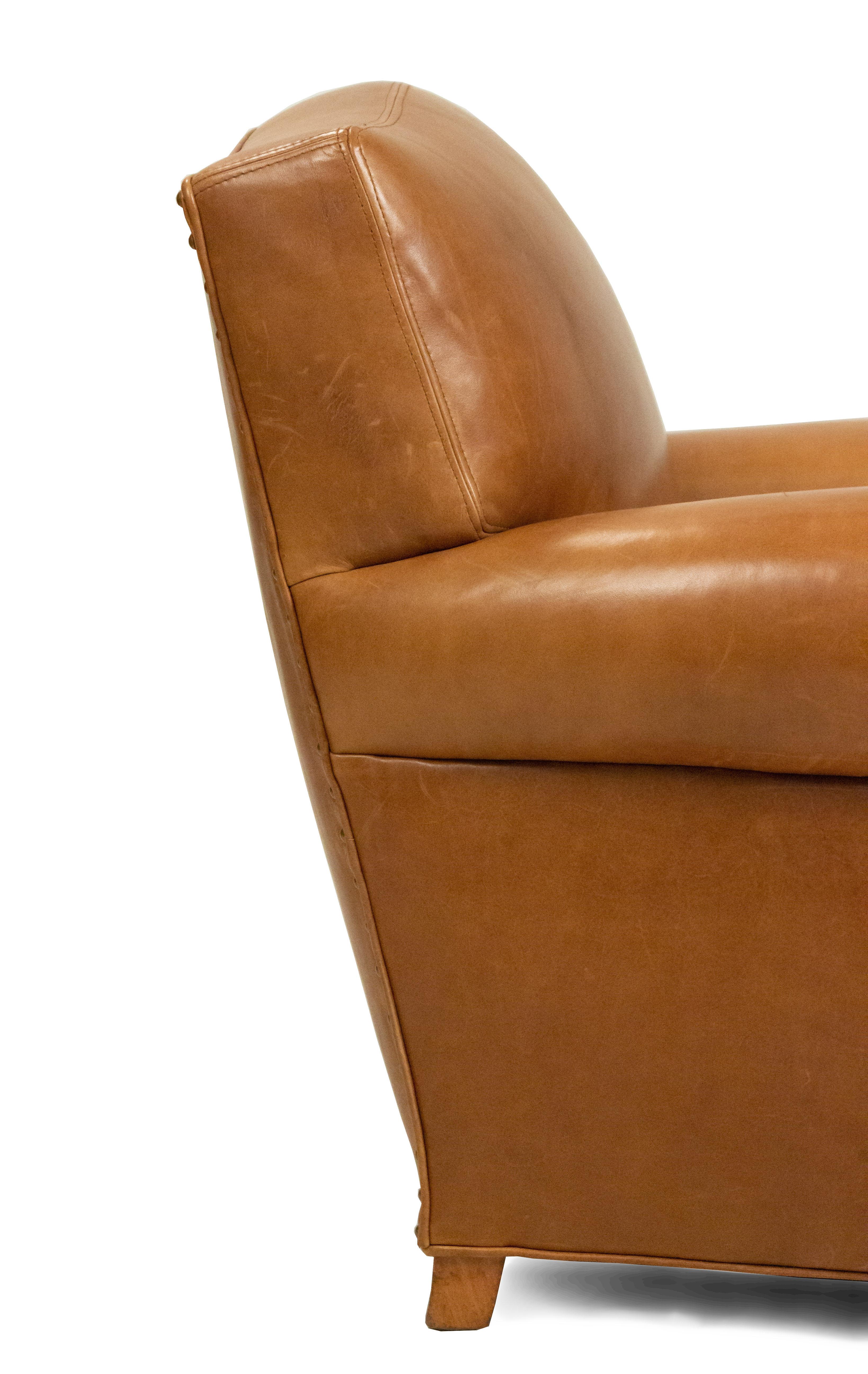 French Art Deco Style Tan Leather Club Chairs 4