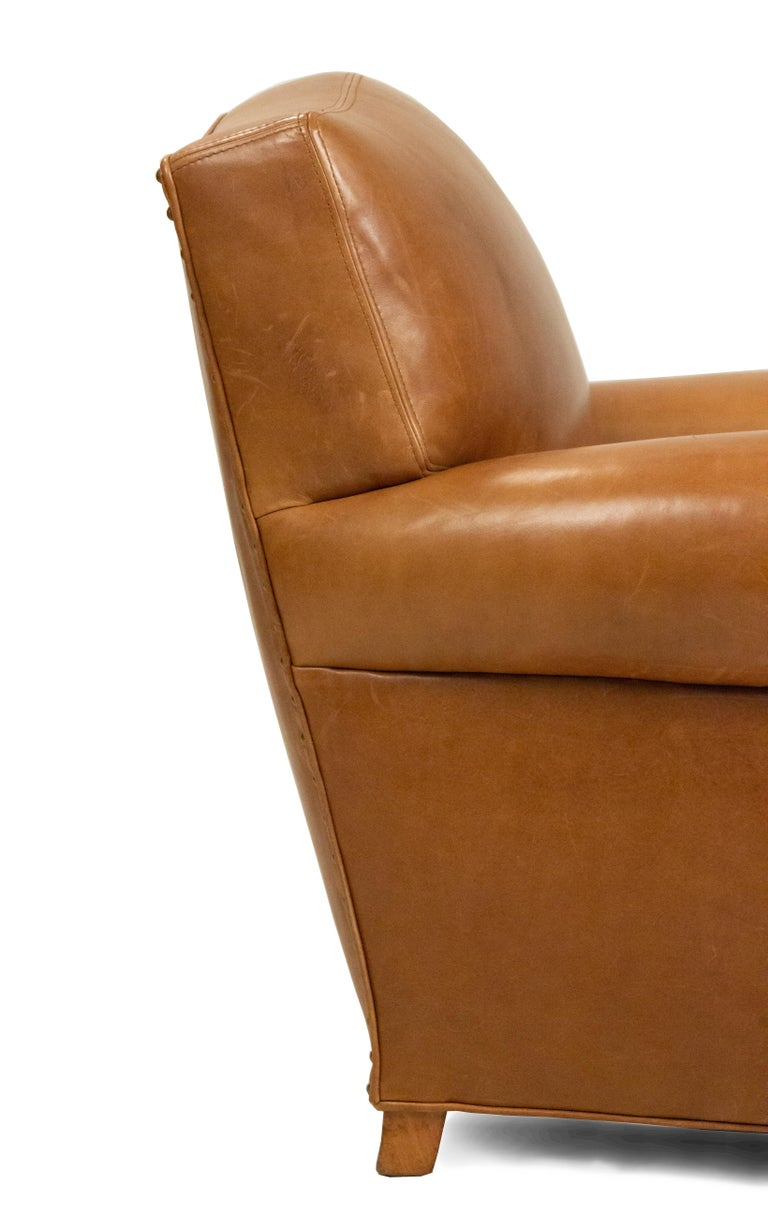 French Art Deco Style Tan Leather Club Chairs For Sale 4