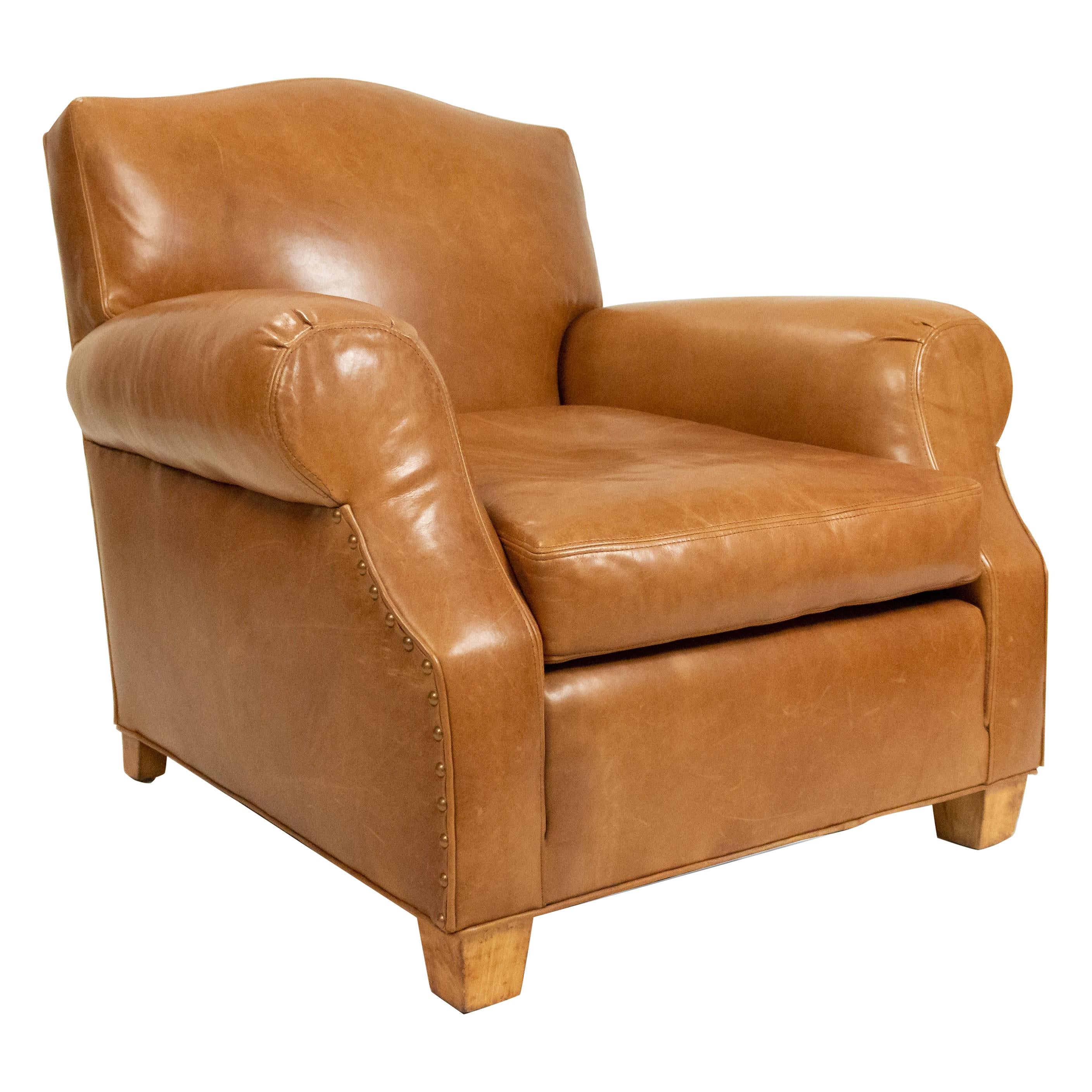 French Art Deco Style Tan Leather Club Chairs