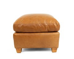 French Art Deco Style Tan Leather Square Ottoman