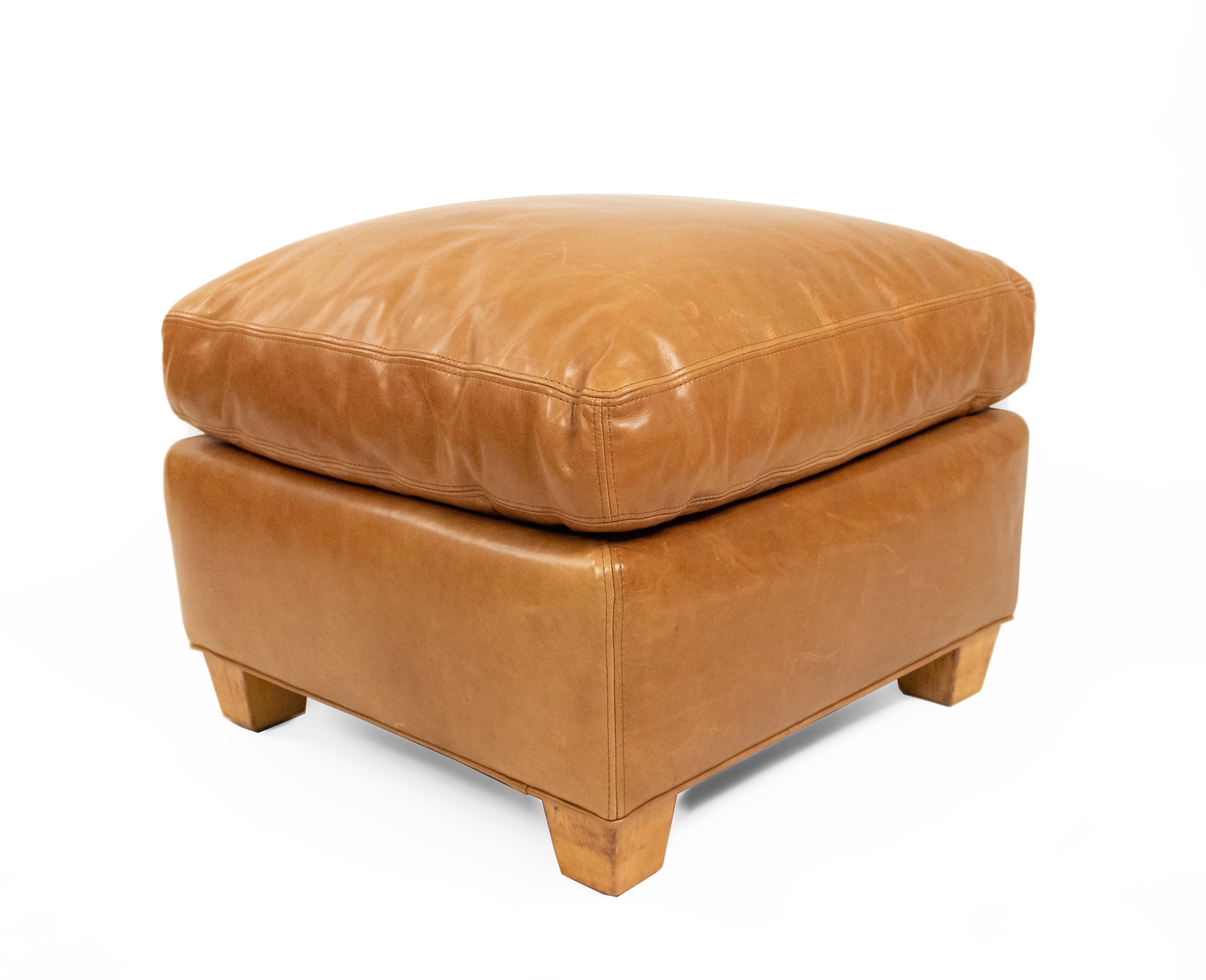 Otomana Cuadrada de Cuero Marrón Estilo Art Decó Francés Hecho a mano en venta