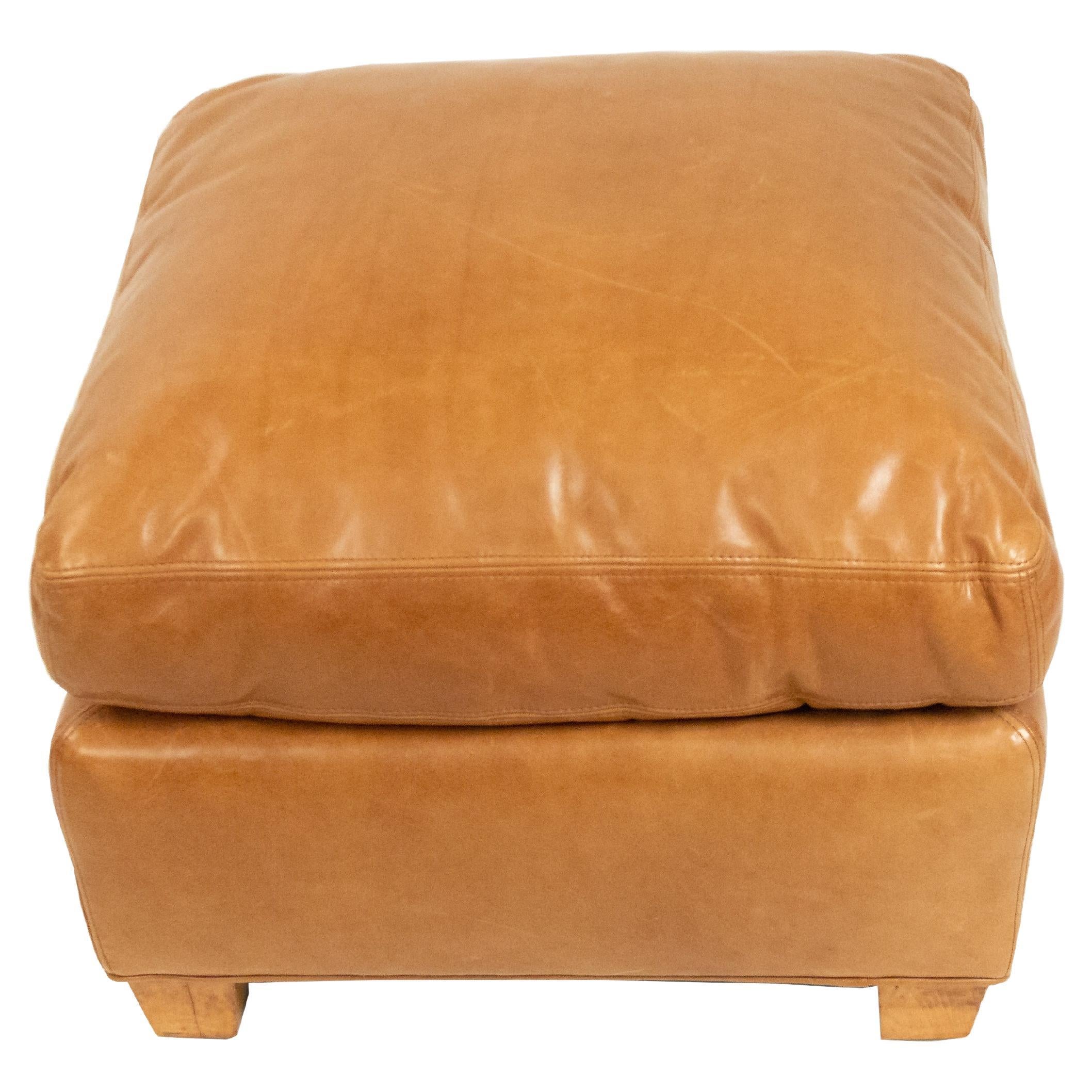 French Art Deco Style Tan Leather Square Ottoman