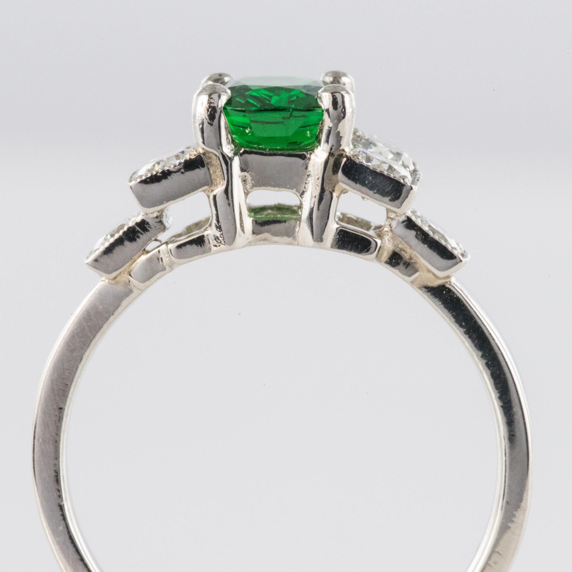 French Art Deco Style Tsavorite Garnet Diamonds Platinum Ring For Sale 5