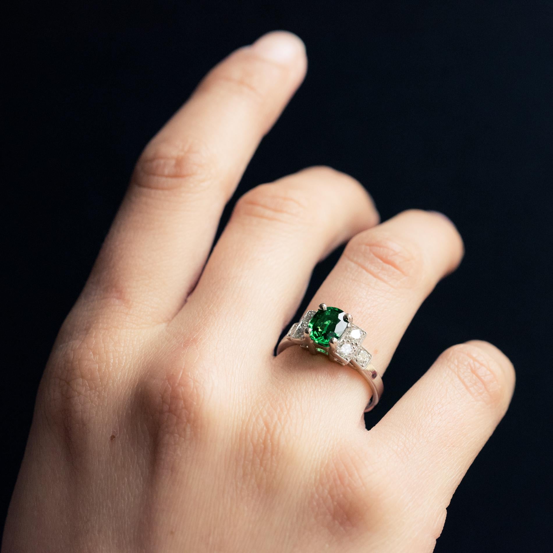 French Art Deco Style Tsavorite Garnet Diamonds Platinum Ring For Sale 6