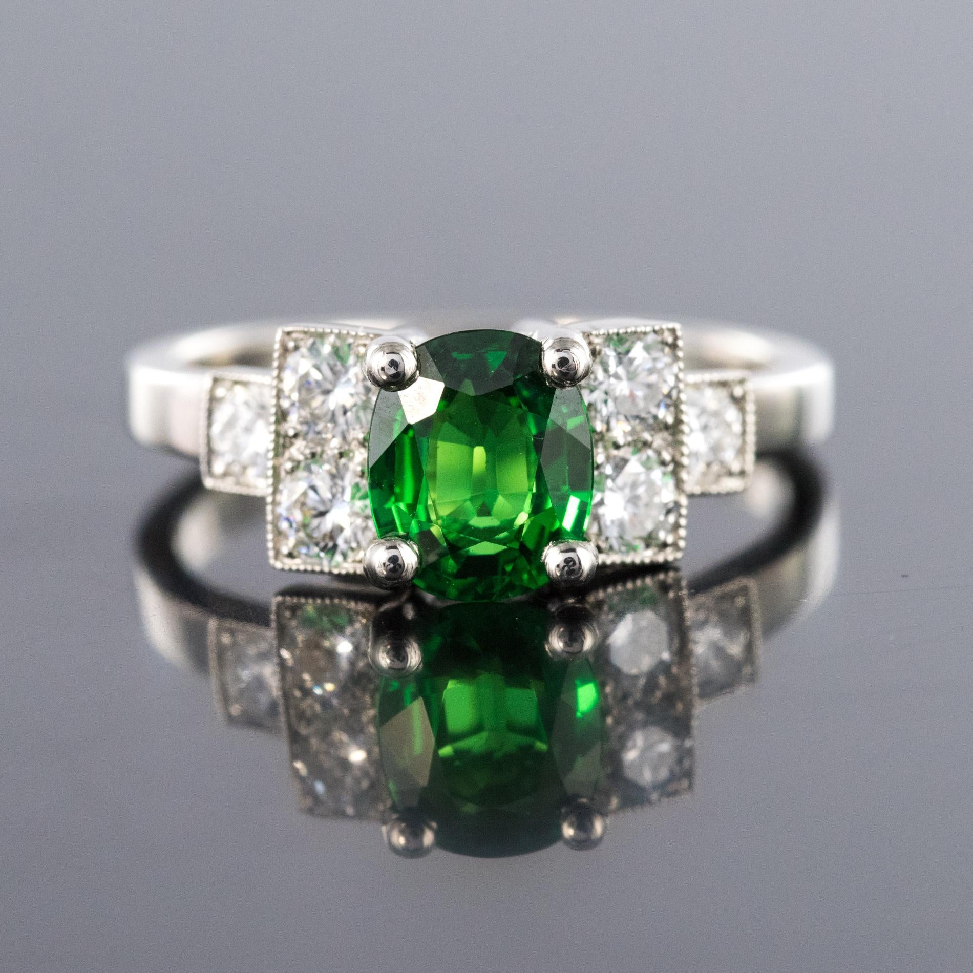 Oval Cut French Art Deco Style Tsavorite Garnet Diamonds Platinum Ring For Sale