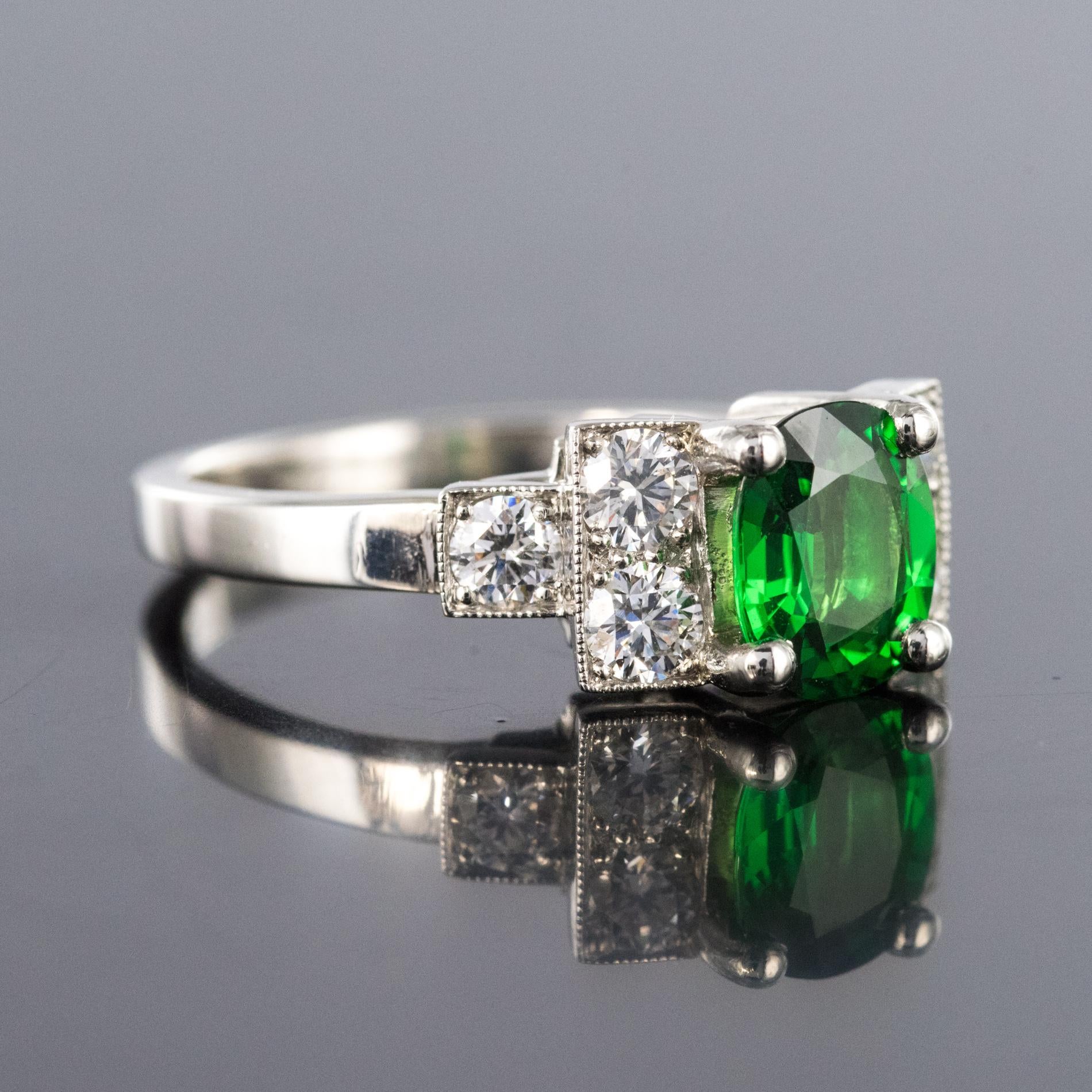 French Art Deco Style Tsavorite Garnet Diamonds Platinum Ring In New Condition For Sale In Poitiers, FR
