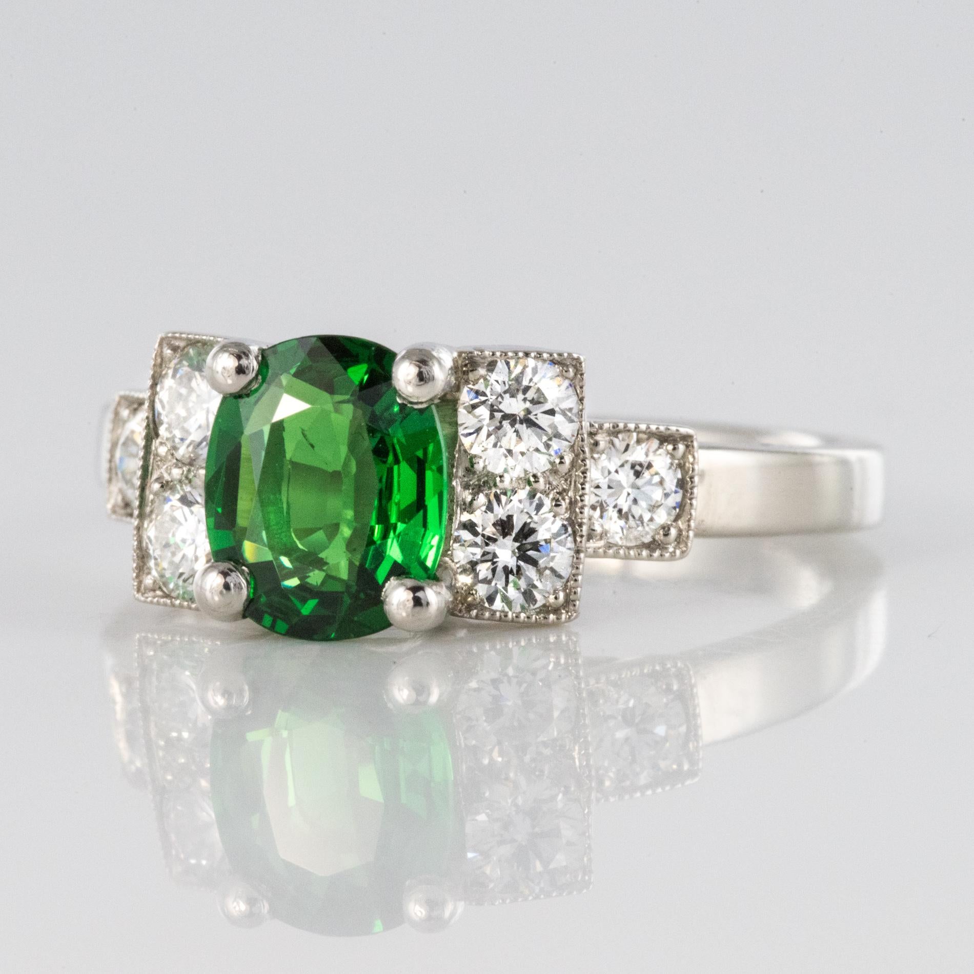 French Art Deco Style Tsavorite Garnet Diamonds Platinum Ring For Sale 1