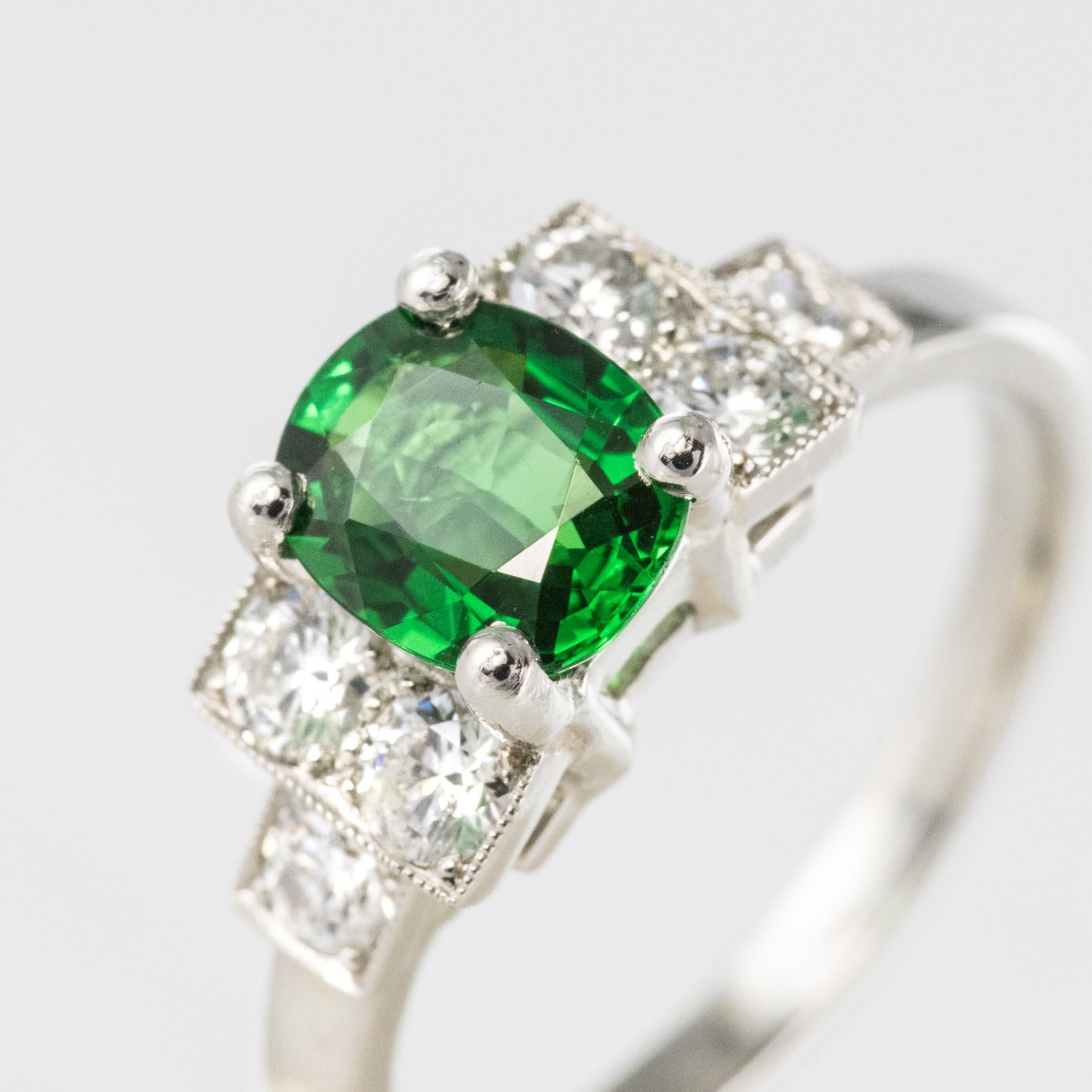 French Art Deco Style Tsavorite Garnet Diamonds Platinum Ring For Sale 2