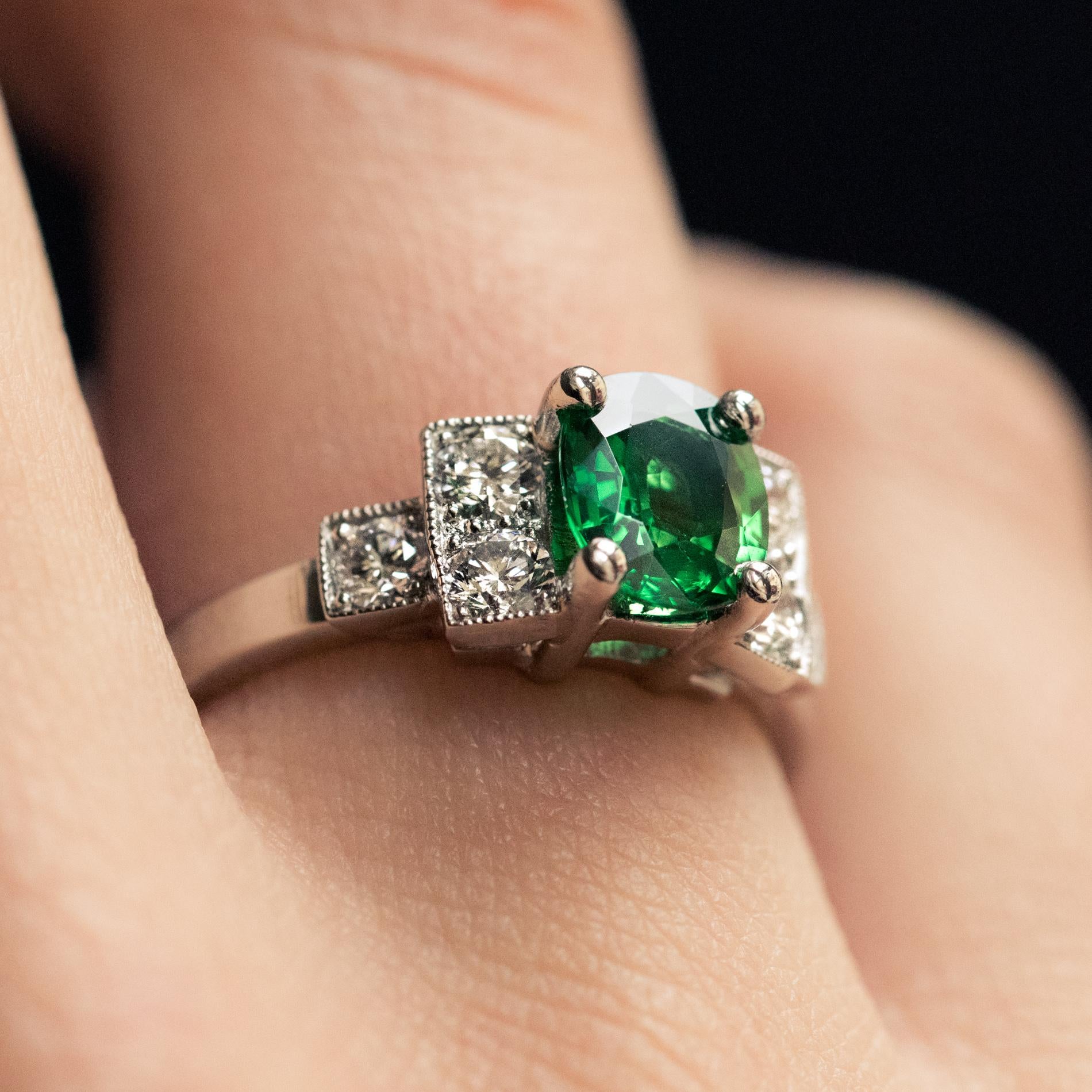 French Art Deco Style Tsavorite Garnet Diamonds Platinum Ring For Sale 3