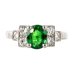 French Art Deco Style Tsavorite Garnet Diamonds Platinum Ring