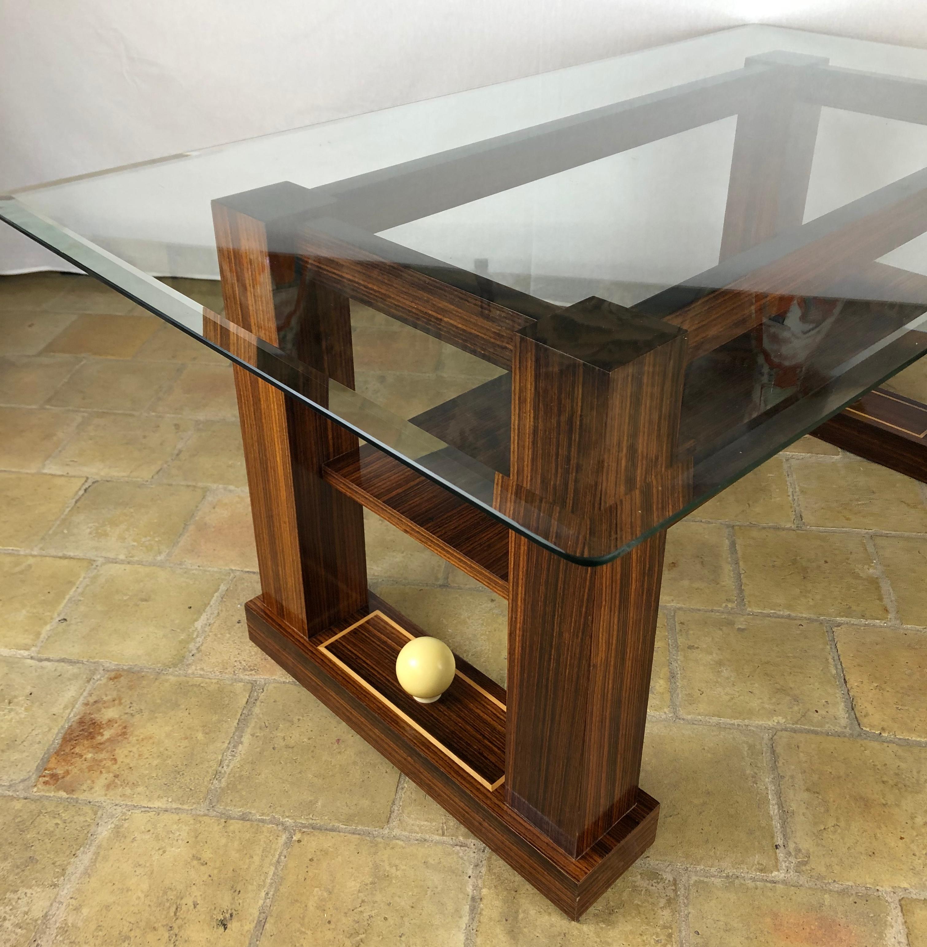 French Art Deco Style Two-Tiered Rosewood Coffee Table with Glass Top In Good Condition In Miami, FL