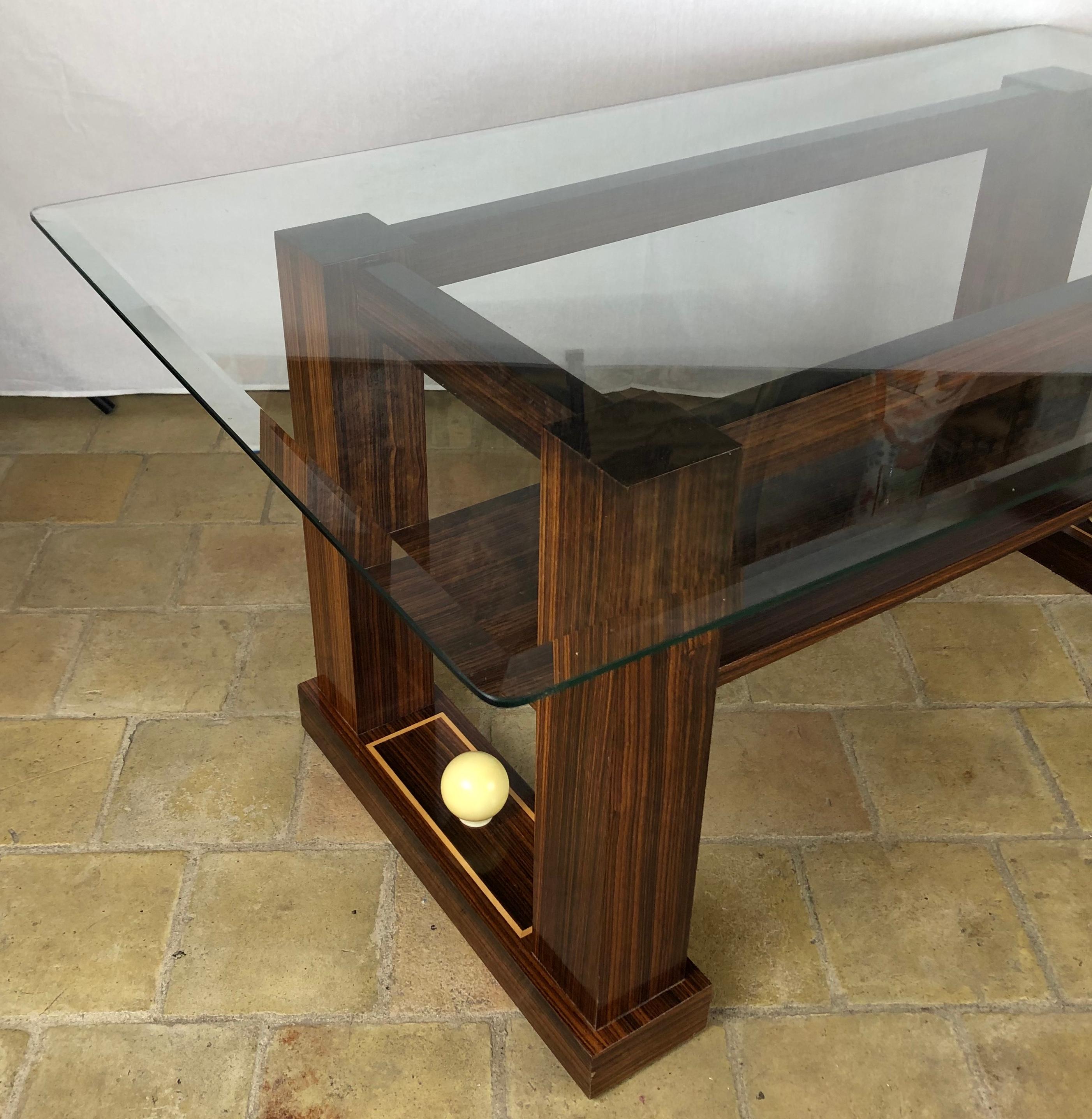 20th Century French Art Deco Style Two-Tiered Rosewood Coffee Table with Glass Top
