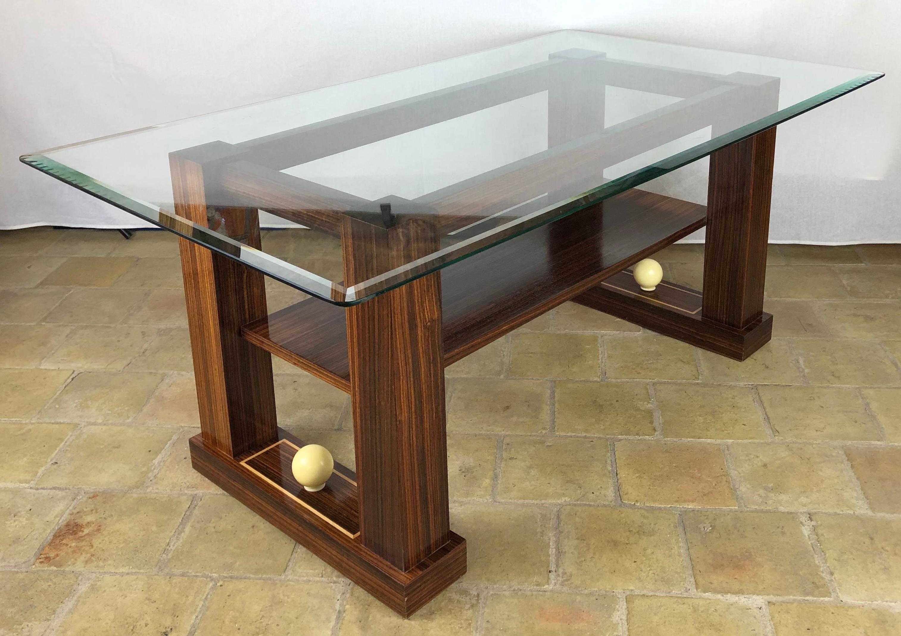 French Art Deco Style Two-Tiered Rosewood Coffee Table with Glass Top 1