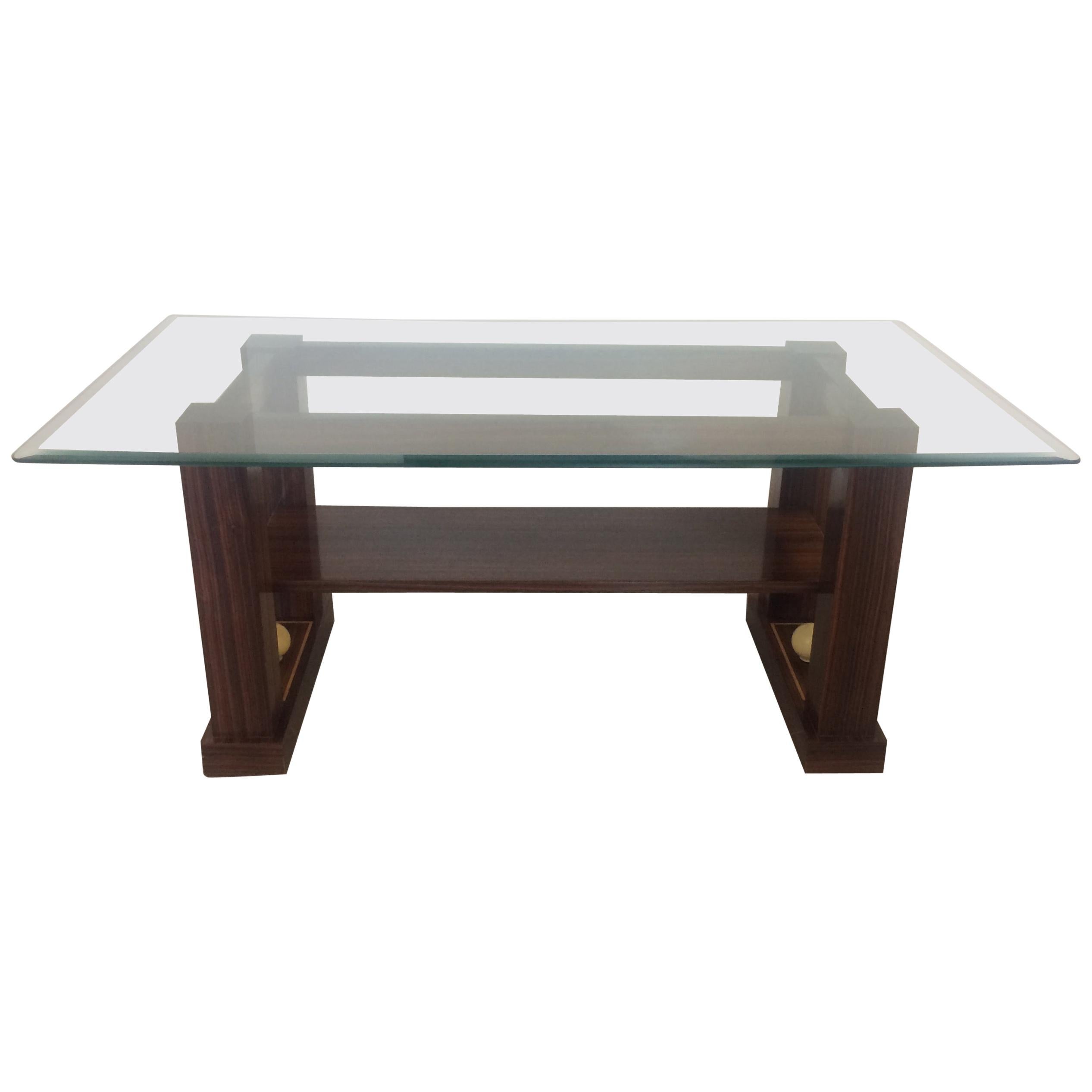 French Art Deco Style Two-Tiered Rosewood Coffee Table with Glass Top