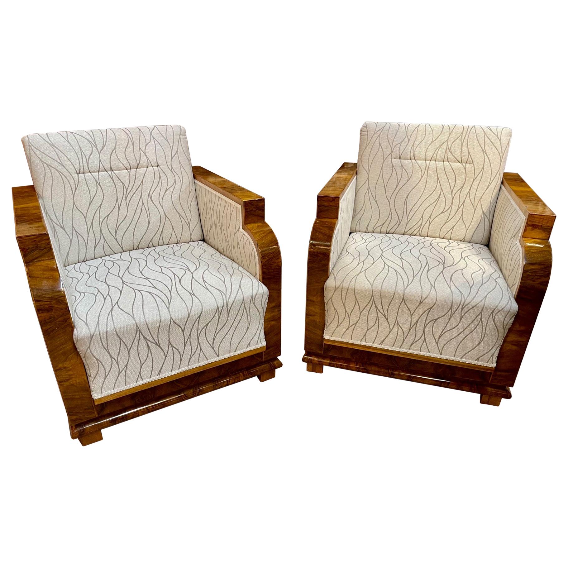 French Art Deco Style Upholstered Walnut Club Chairs